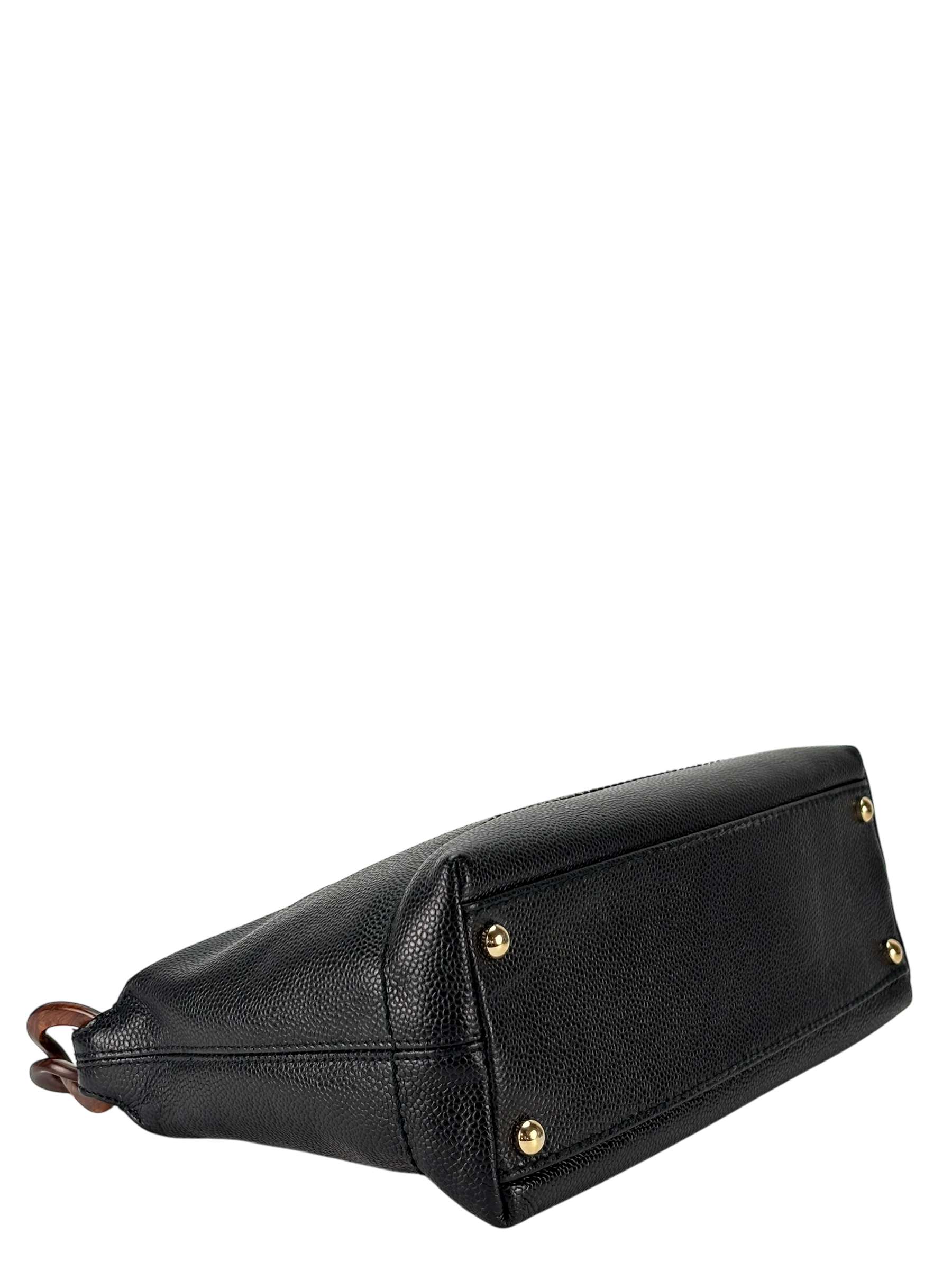 CHANEL - Black Cavair Coco Mark Wood Chain Hobo Bag Shoulder Bag