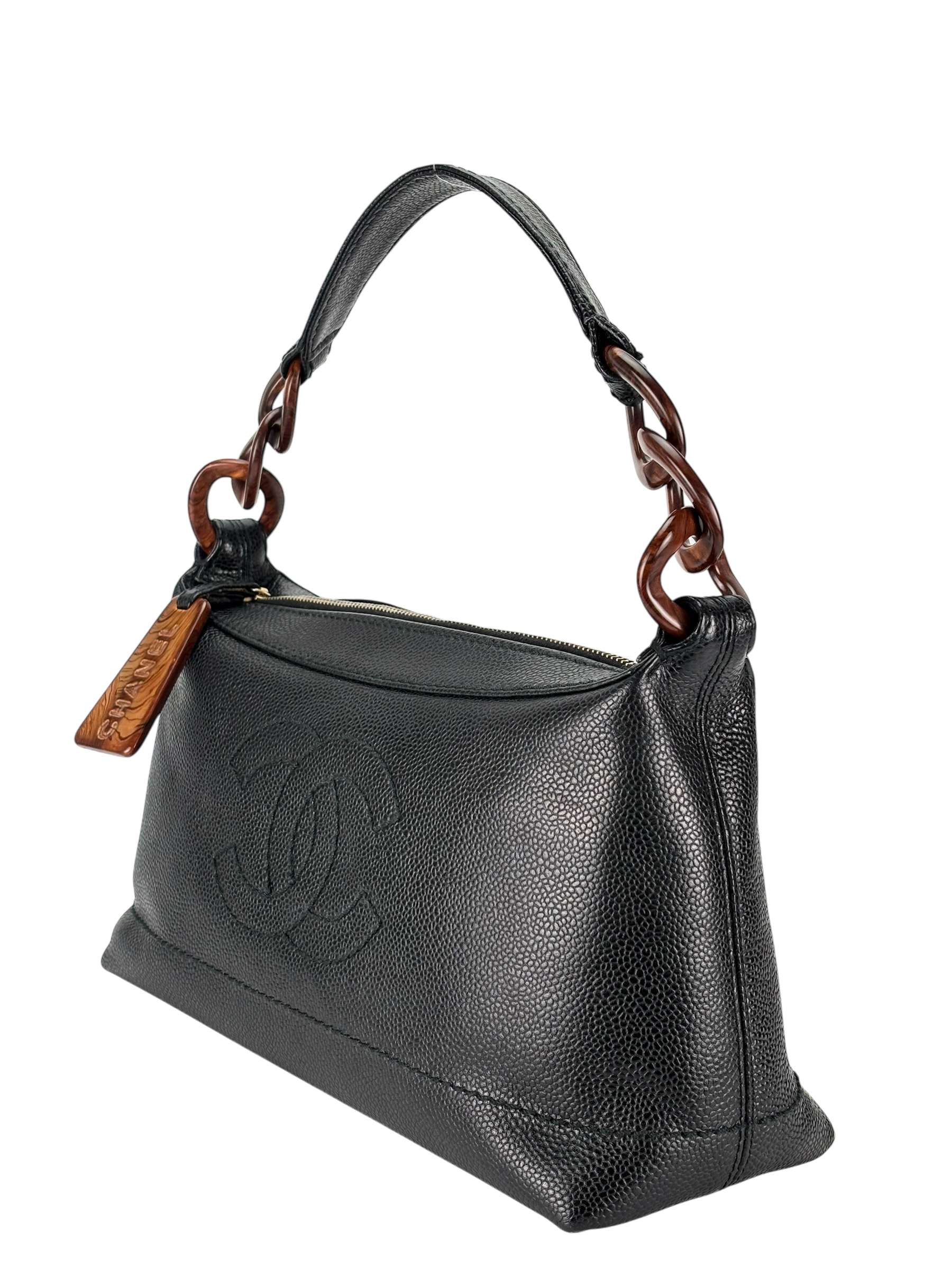 CHANEL - Black Cavair Coco Mark Wood Chain Hobo Bag Shoulder Bag