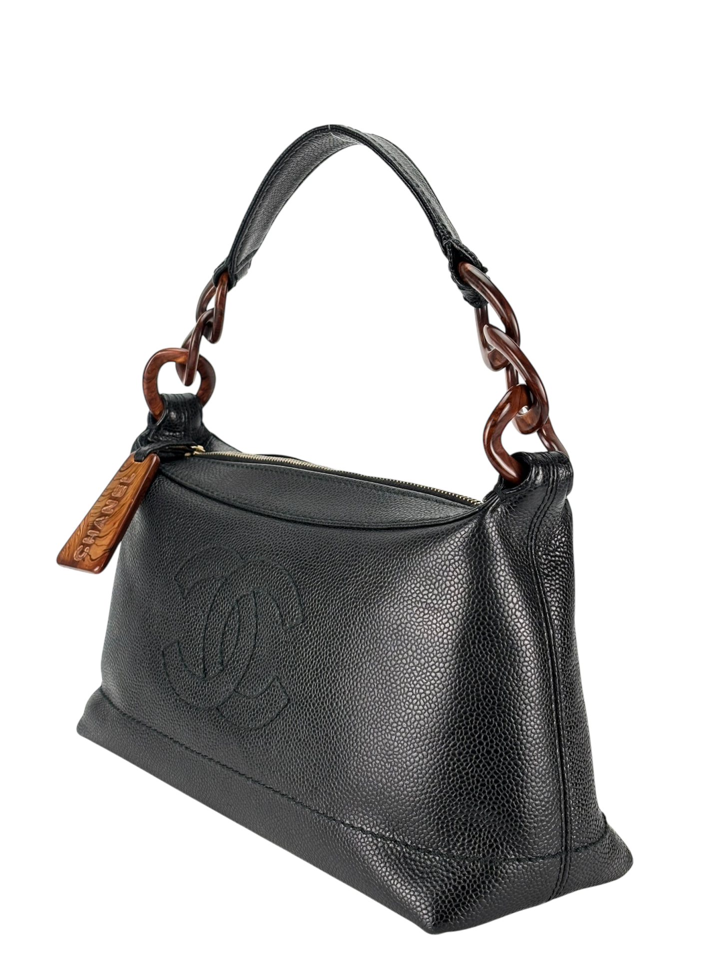CHANEL - Black Cavair Coco Mark Wood Chain Hobo Bag Shoulder Bag