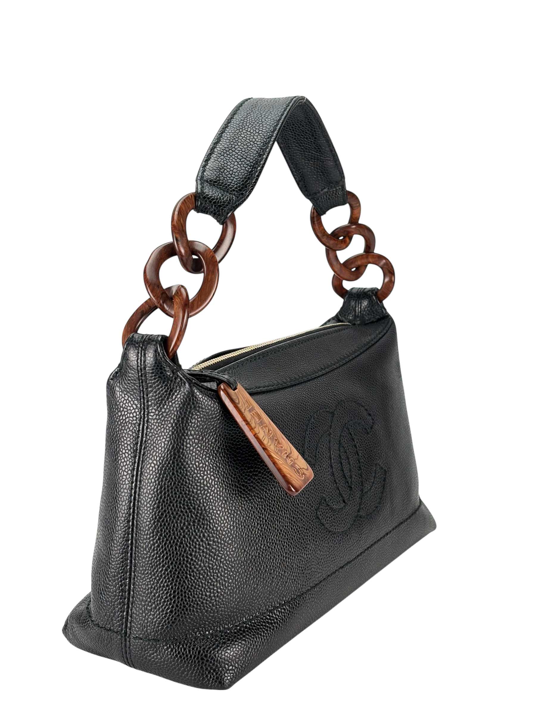 CHANEL - Black Cavair Coco Mark Wood Chain Hobo Bag Shoulder Bag