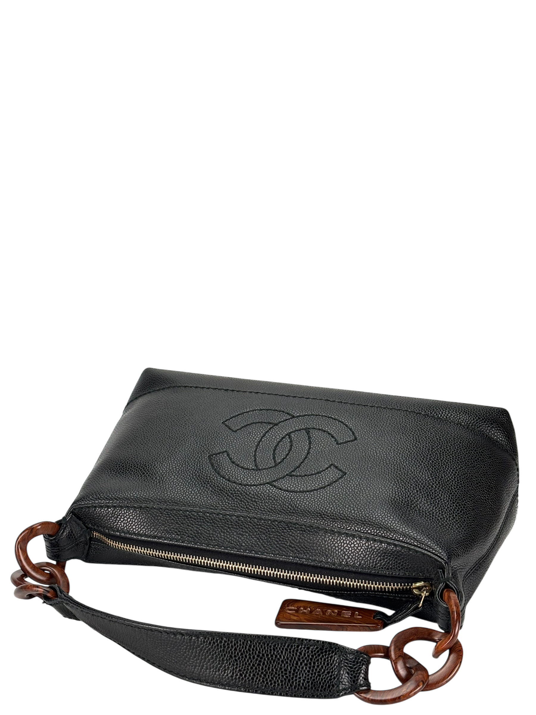 CHANEL - Black Cavair Coco Mark Wood Chain Hobo Bag Shoulder Bag