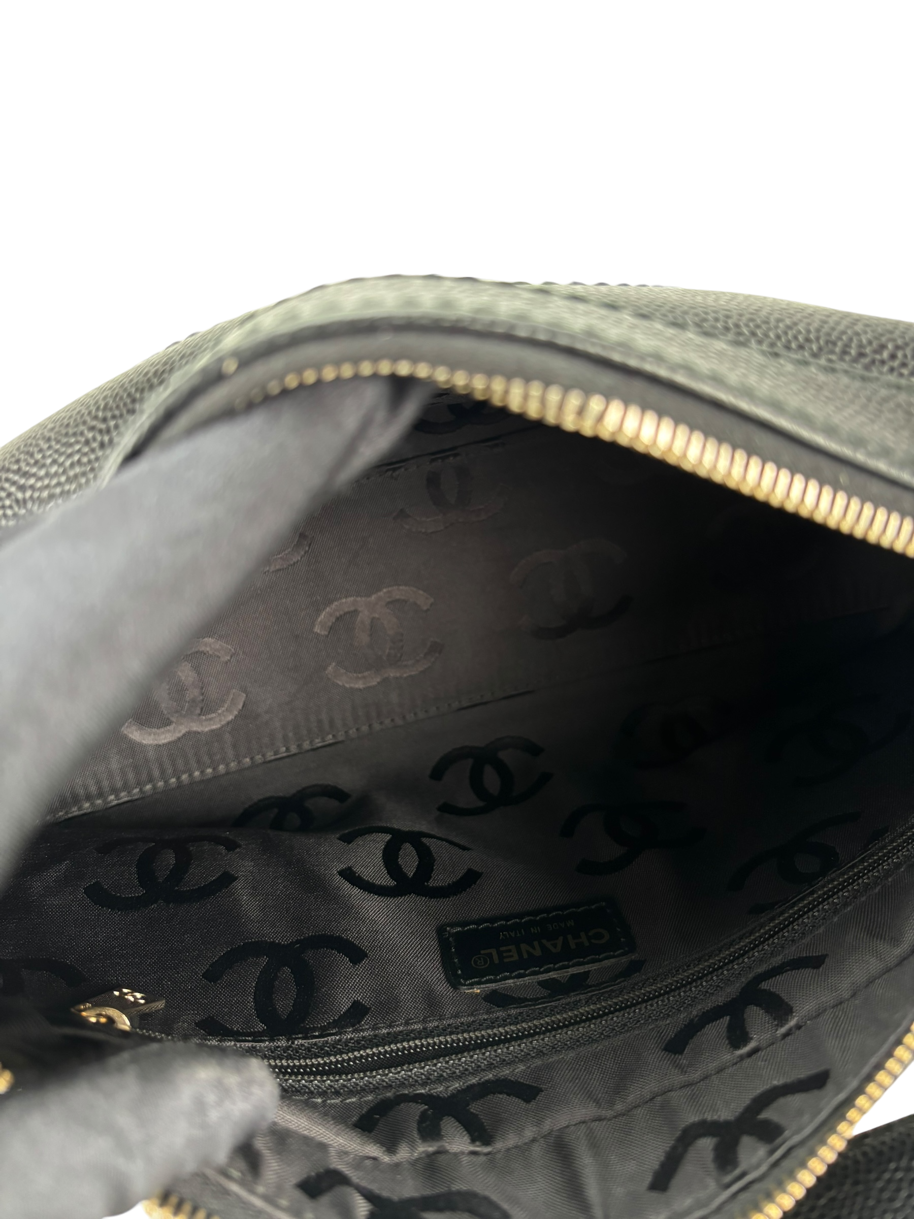 CHANEL - Black Cavair Coco Mark Wood Chain Hobo Bag Shoulder Bag