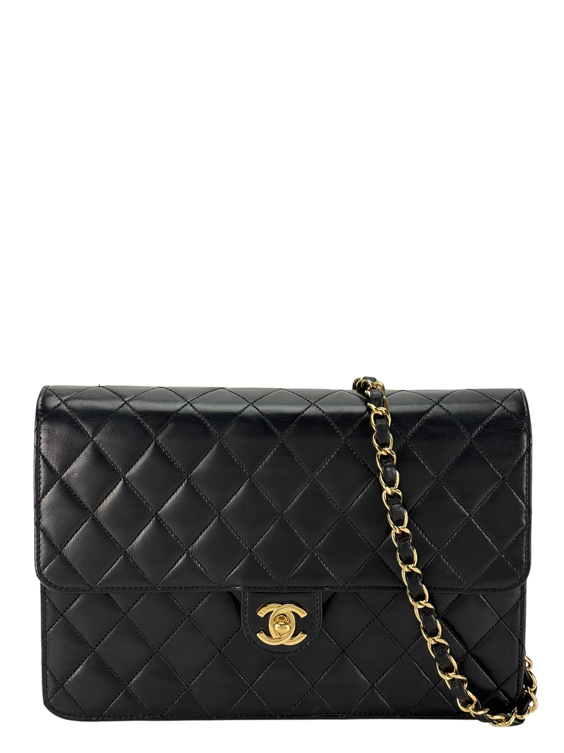 CHANEL - Black Lambskin CC Logo Turn Lock Small Single Flap Shoulder Bag