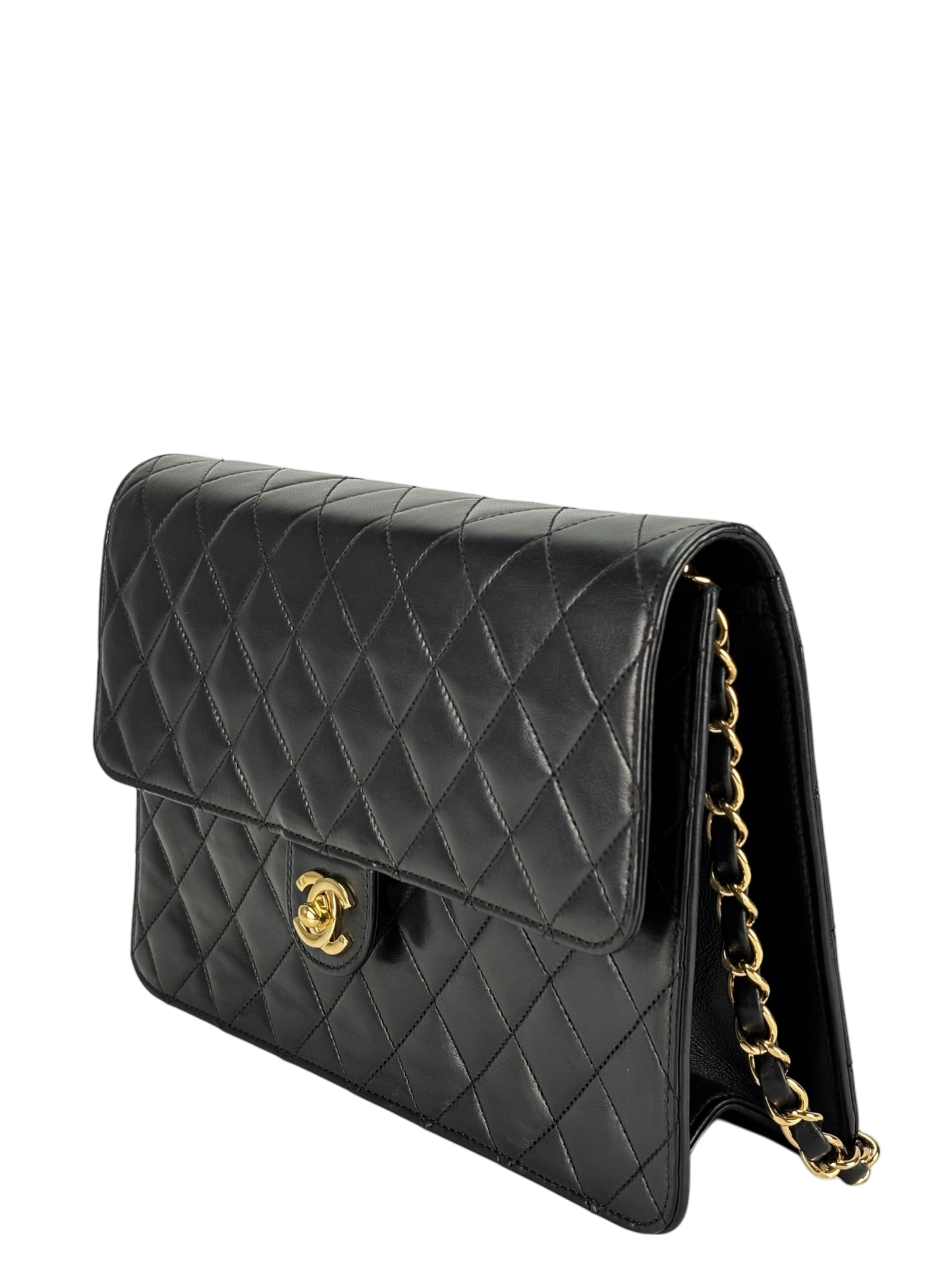 CHANEL - Black Lambskin CC Logo Turn Lock Small Single Flap Shoulder Bag