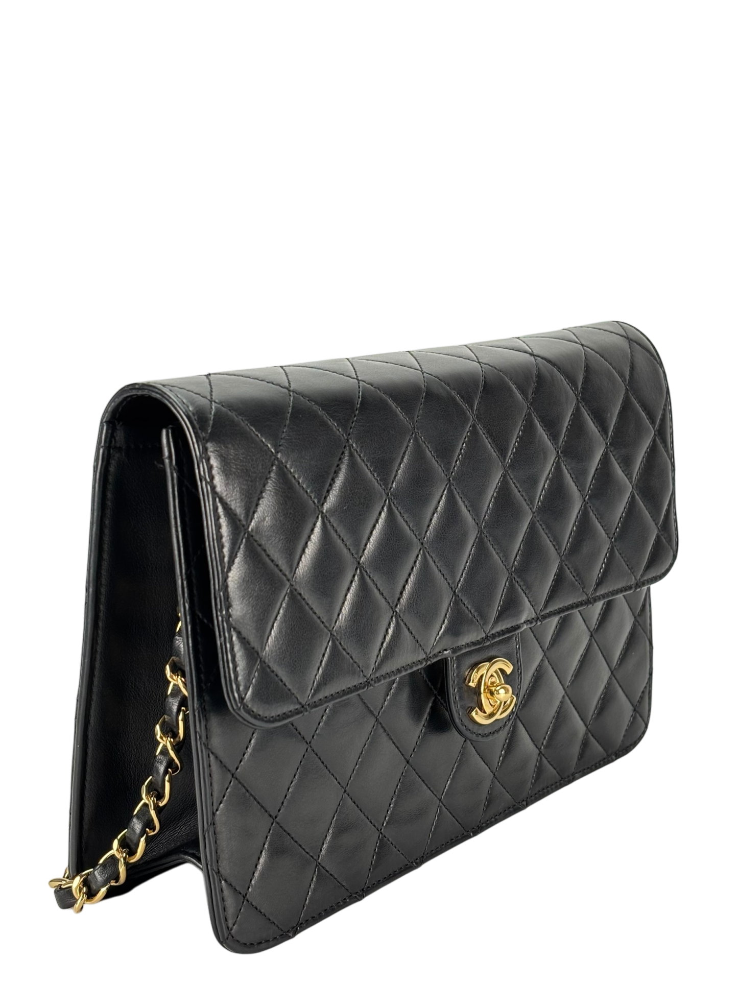 CHANEL - Black Lambskin CC Logo Turn Lock Small Single Flap Shoulder Bag