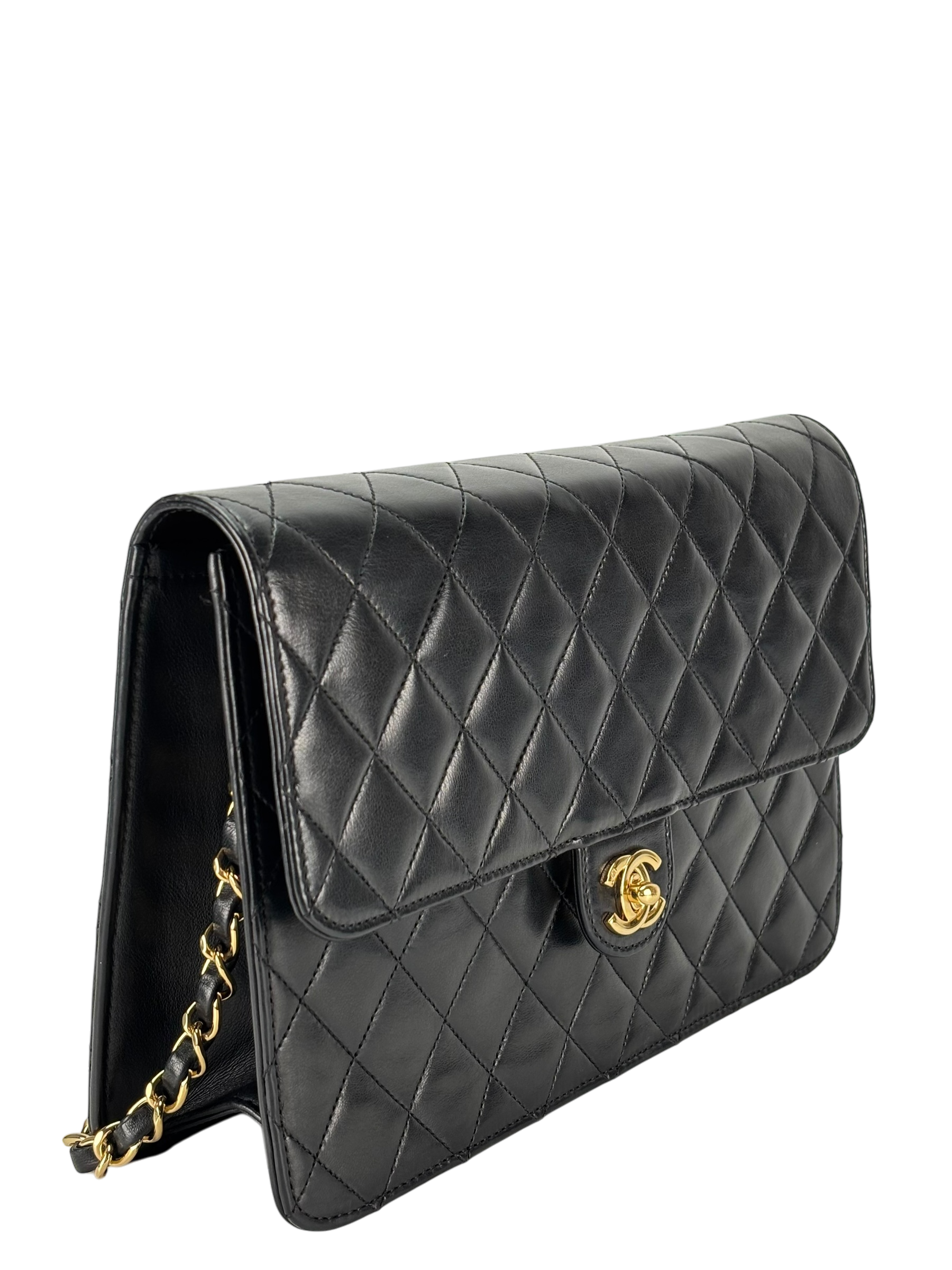 CHANEL - Black Lambskin CC Logo Turn Lock Small Single Flap Shoulder Bag