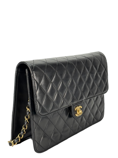 CHANEL - Black Lambskin CC Logo Turn Lock Small Single Flap Shoulder Bag