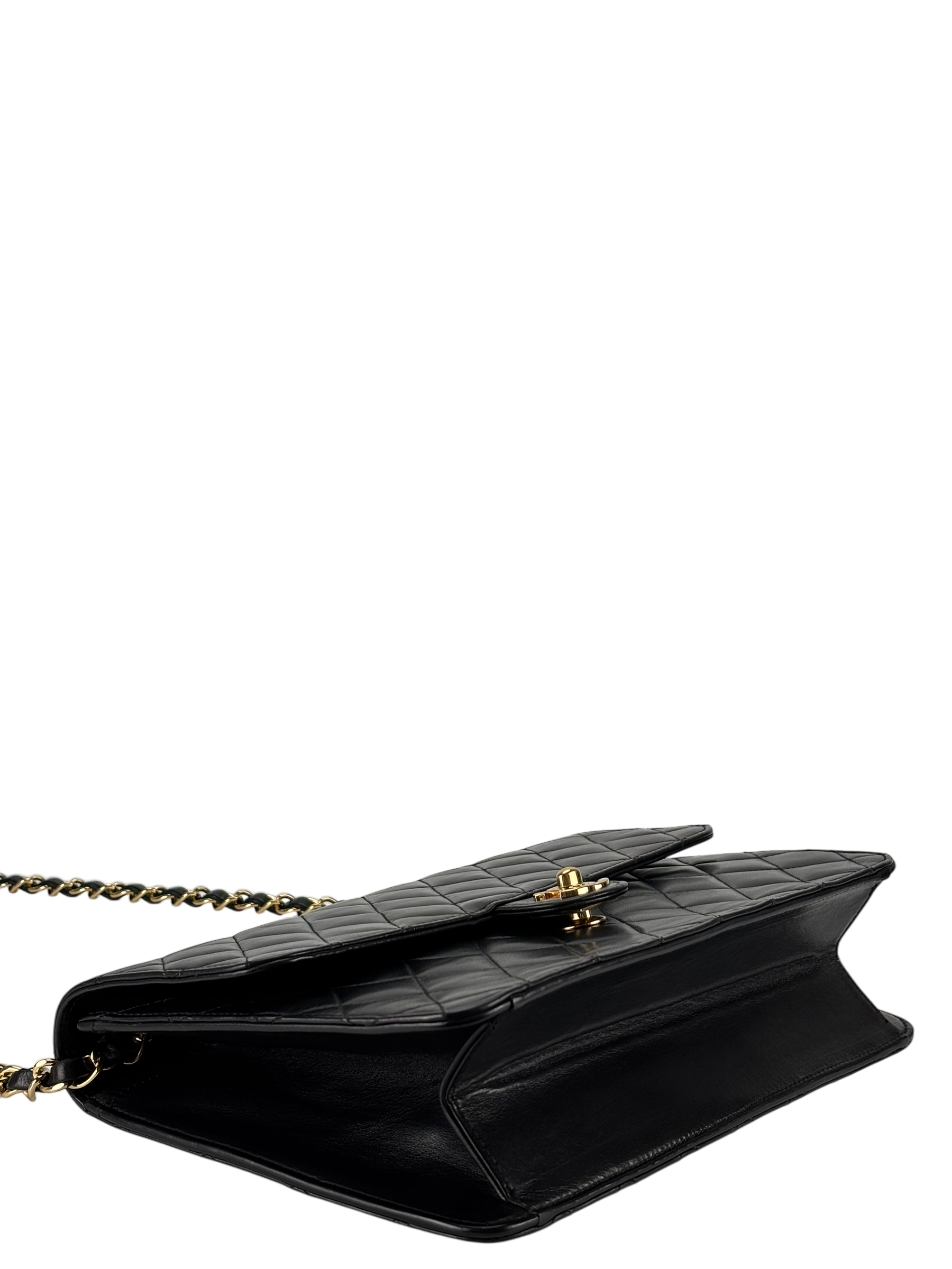 CHANEL - Black Lambskin CC Logo Turn Lock Small Single Flap Shoulder Bag