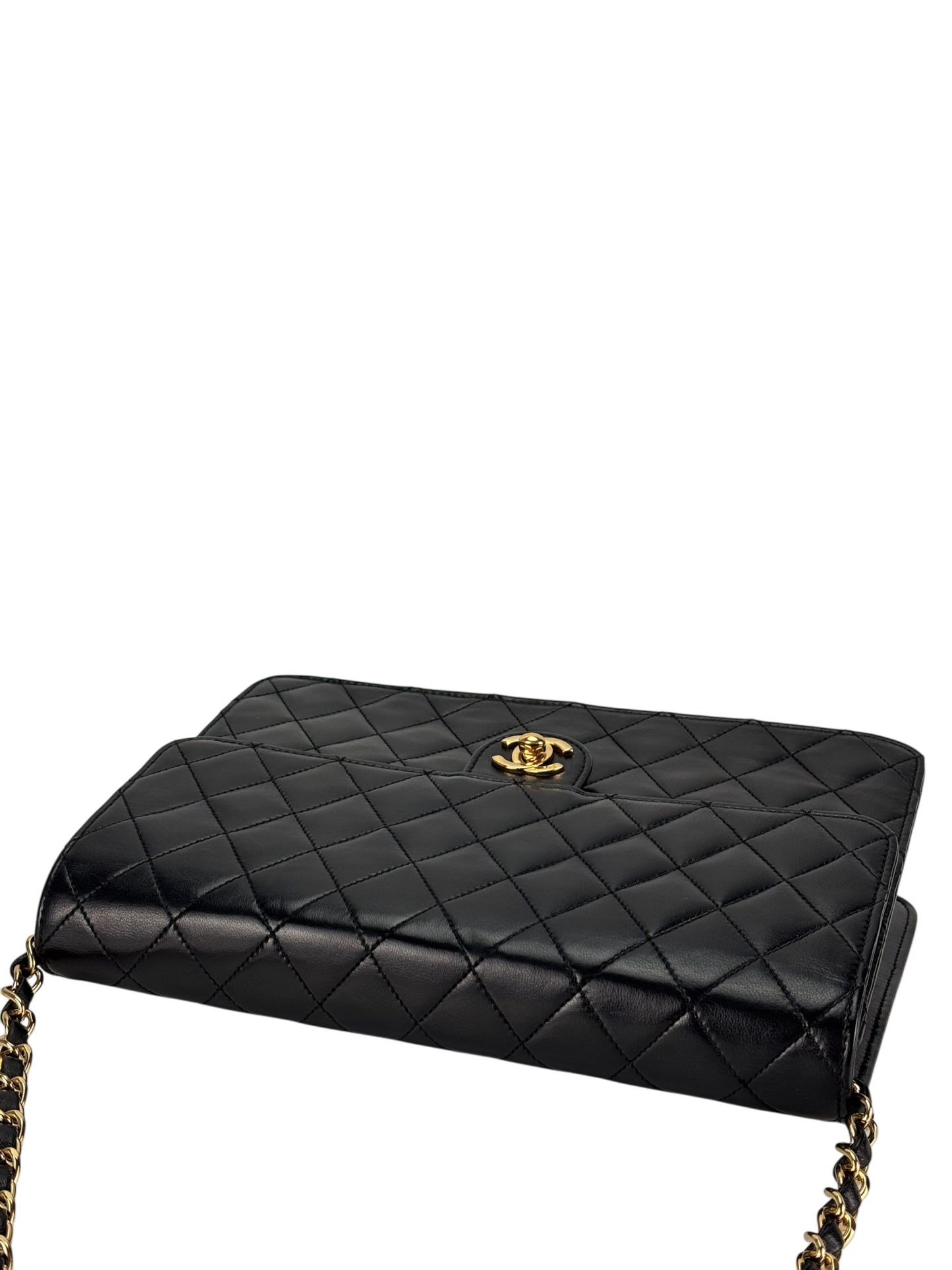 CHANEL - Black Lambskin CC Logo Turn Lock Small Single Flap Shoulder Bag