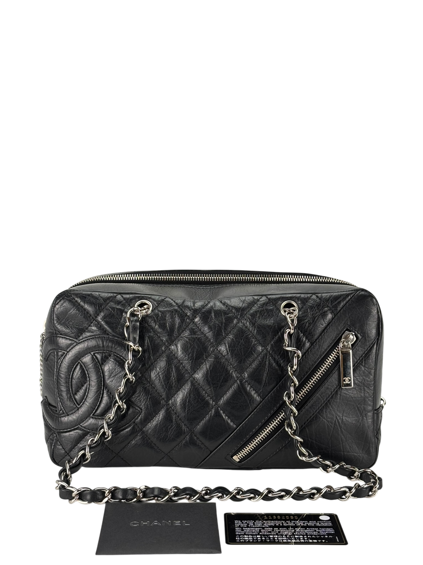  CHANEL - Black Leather Cambon Line Cotton Club Chain Bowling Shoulder Bag 