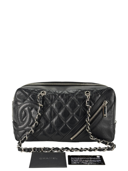  CHANEL - Black Leather Cambon Line Cotton Club Chain Bowling Shoulder Bag 