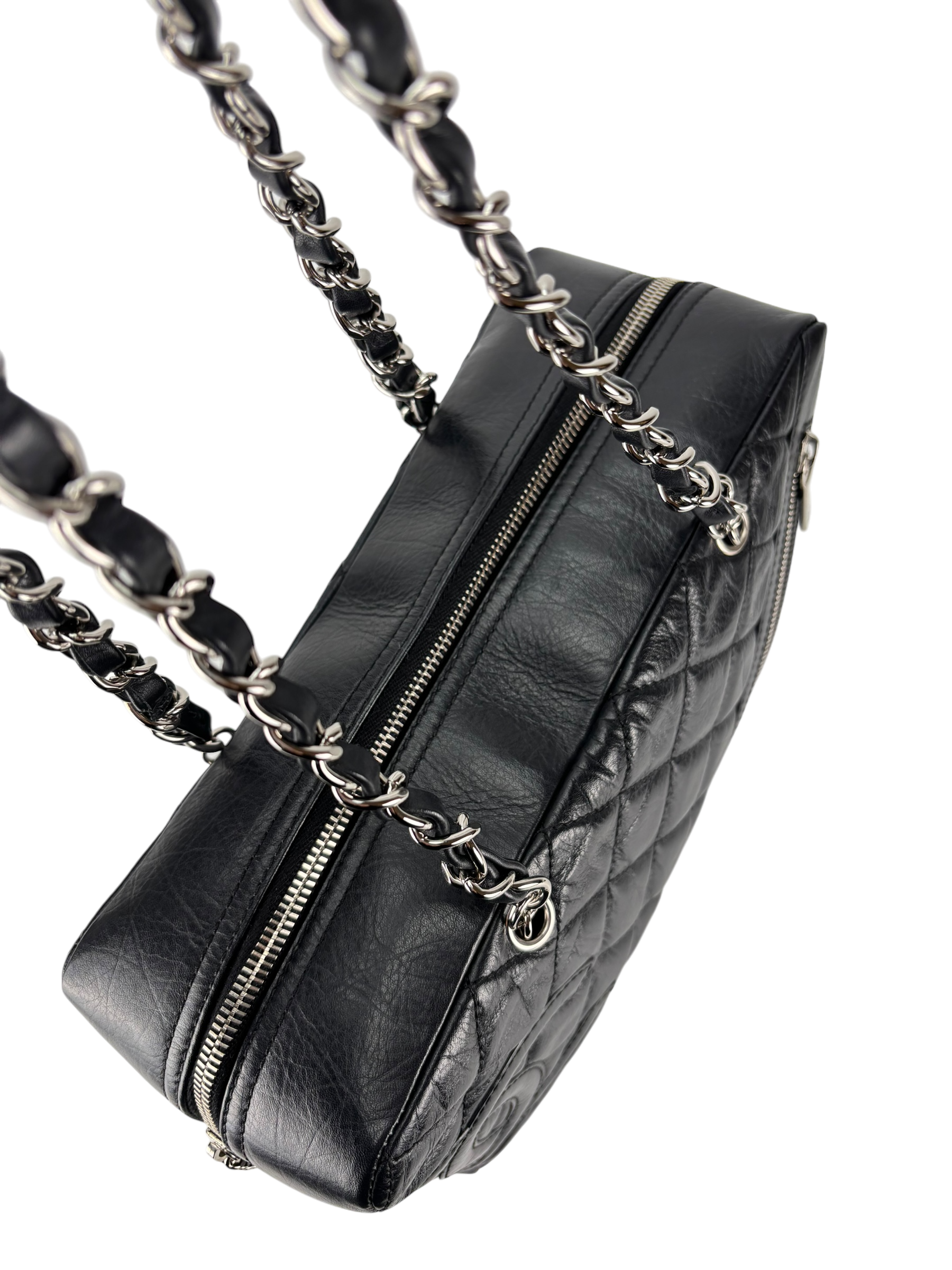  CHANEL - Black Leather Cambon Line Cotton Club Chain Bowling Shoulder Bag 
