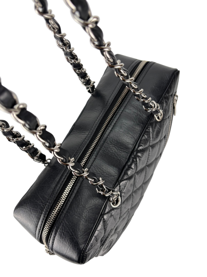  CHANEL - Black Leather Cambon Line Cotton Club Chain Bowling Shoulder Bag 