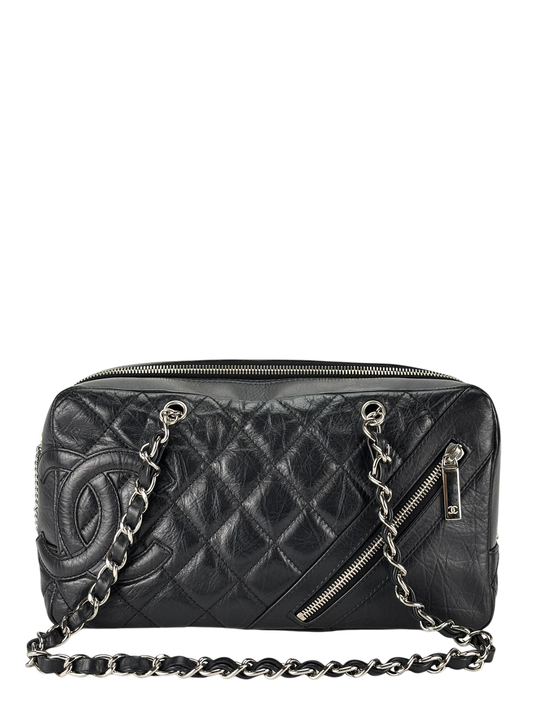  CHANEL - Black Leather Cambon Line Cotton Club Chain Bowling Shoulder Bag 