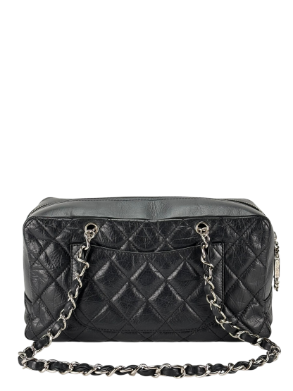  CHANEL - Black Leather Cambon Line Cotton Club Chain Bowling Shoulder Bag 