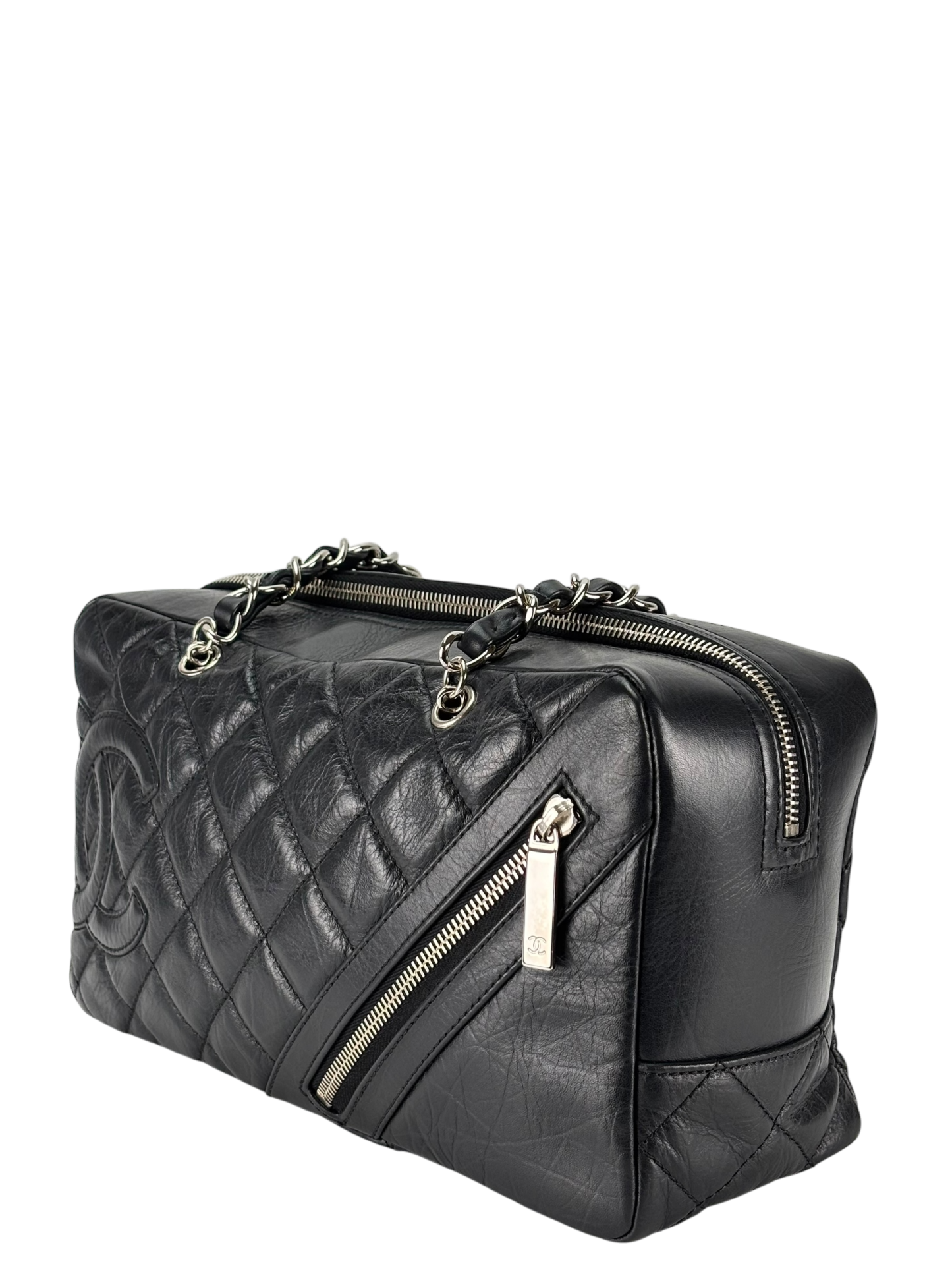  CHANEL - Black Leather Cambon Line Cotton Club Chain Bowling Shoulder Bag 