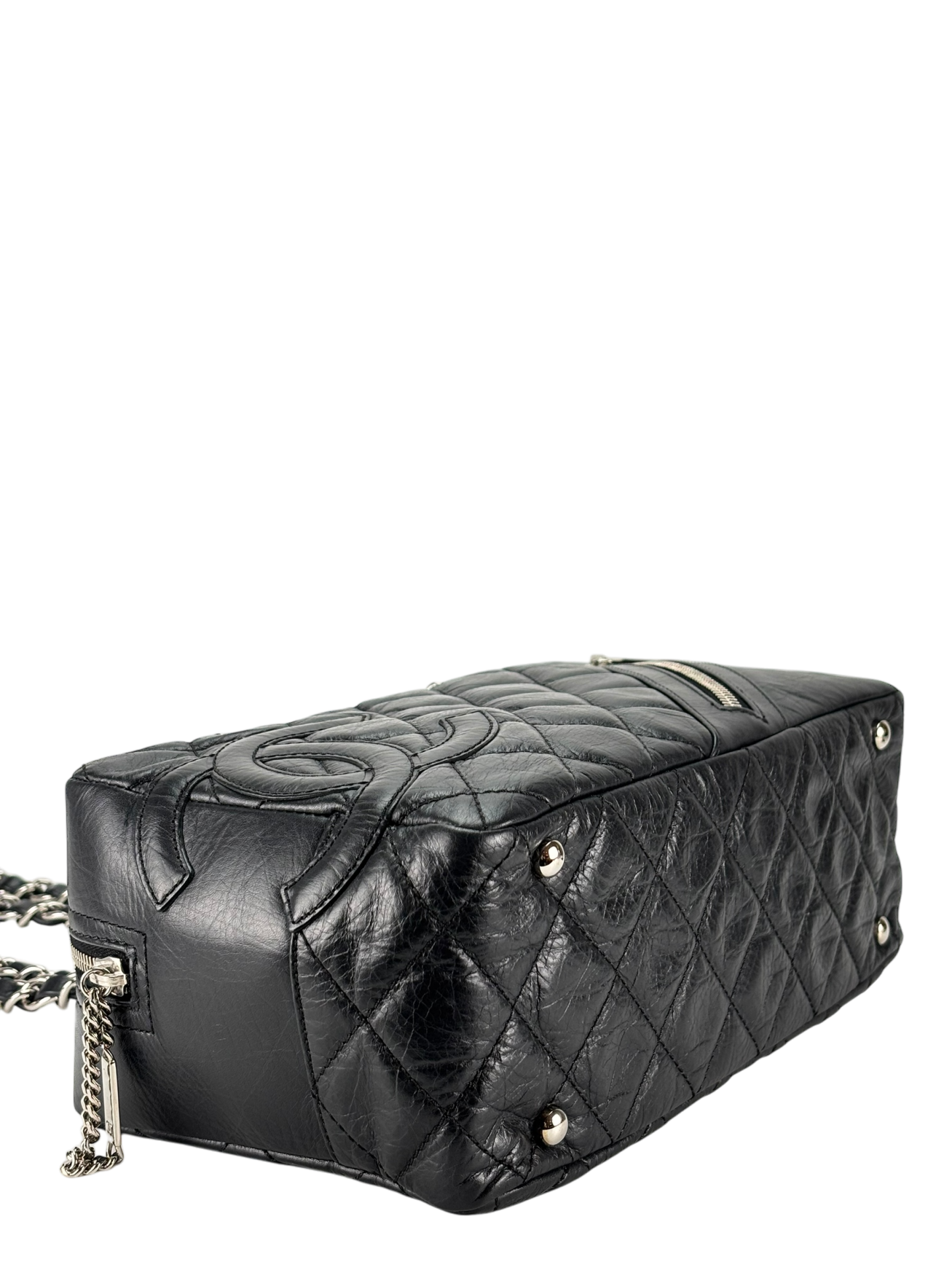  CHANEL - Black Leather Cambon Line Cotton Club Chain Bowling Shoulder Bag 