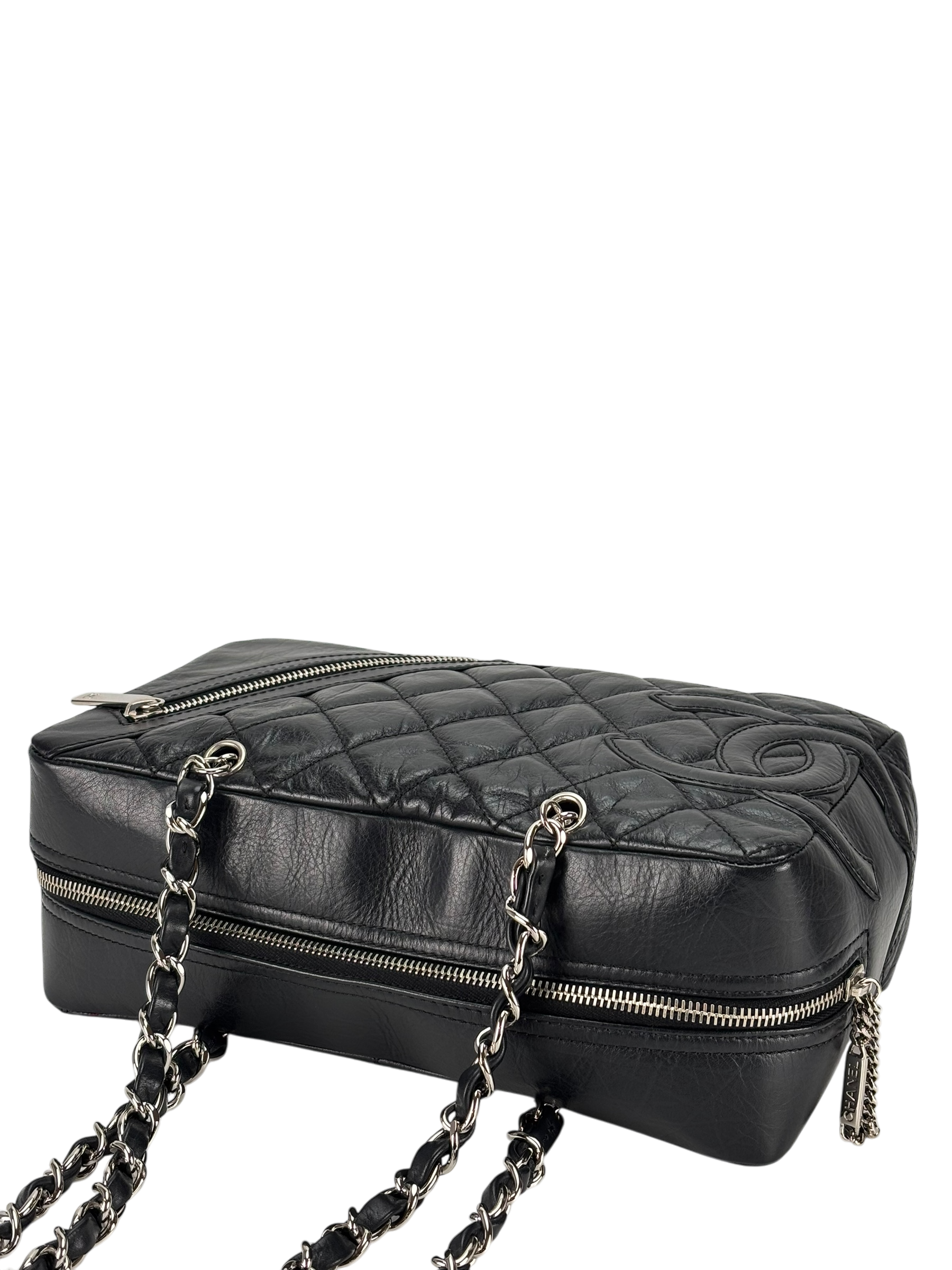  CHANEL - Black Leather Cambon Line Cotton Club Chain Bowling Shoulder Bag 