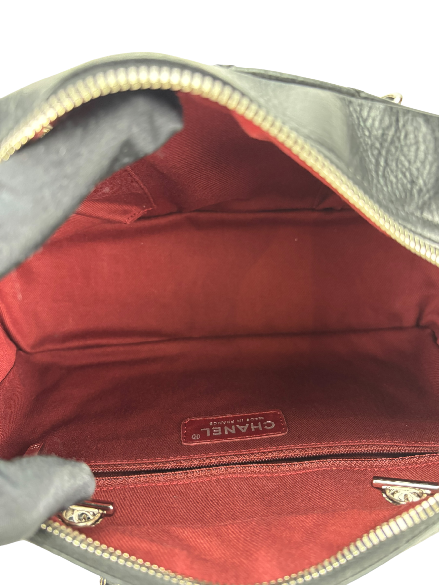  CHANEL - Black Leather Cambon Line Cotton Club Chain Bowling Shoulder Bag 