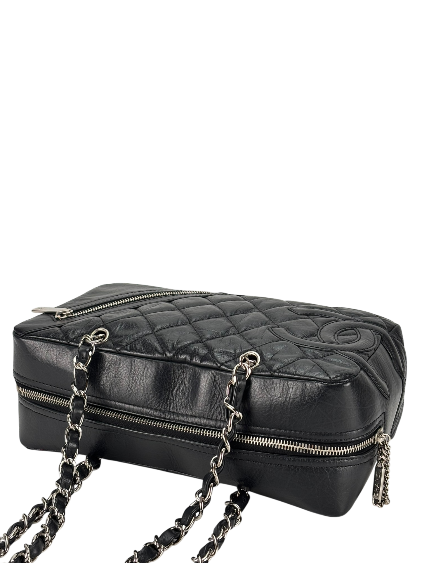  CHANEL - Black Leather Cambon Line Cotton Club Chain Bowling Shoulder Bag 