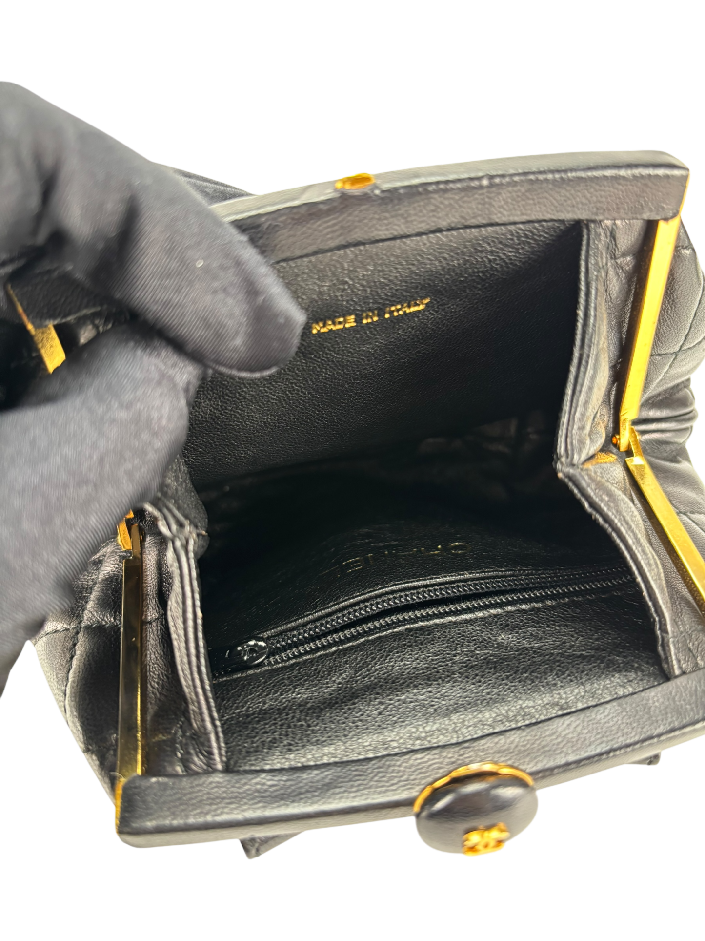 CHANEL - Black Lambskin Chain Waist Pouch Clasp