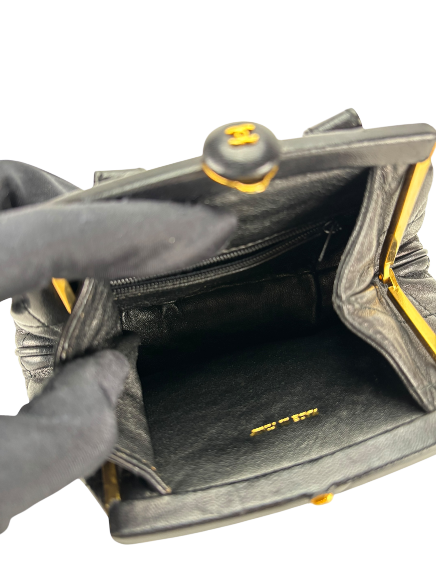 CHANEL - Black Lambskin Chain Waist Pouch Clasp