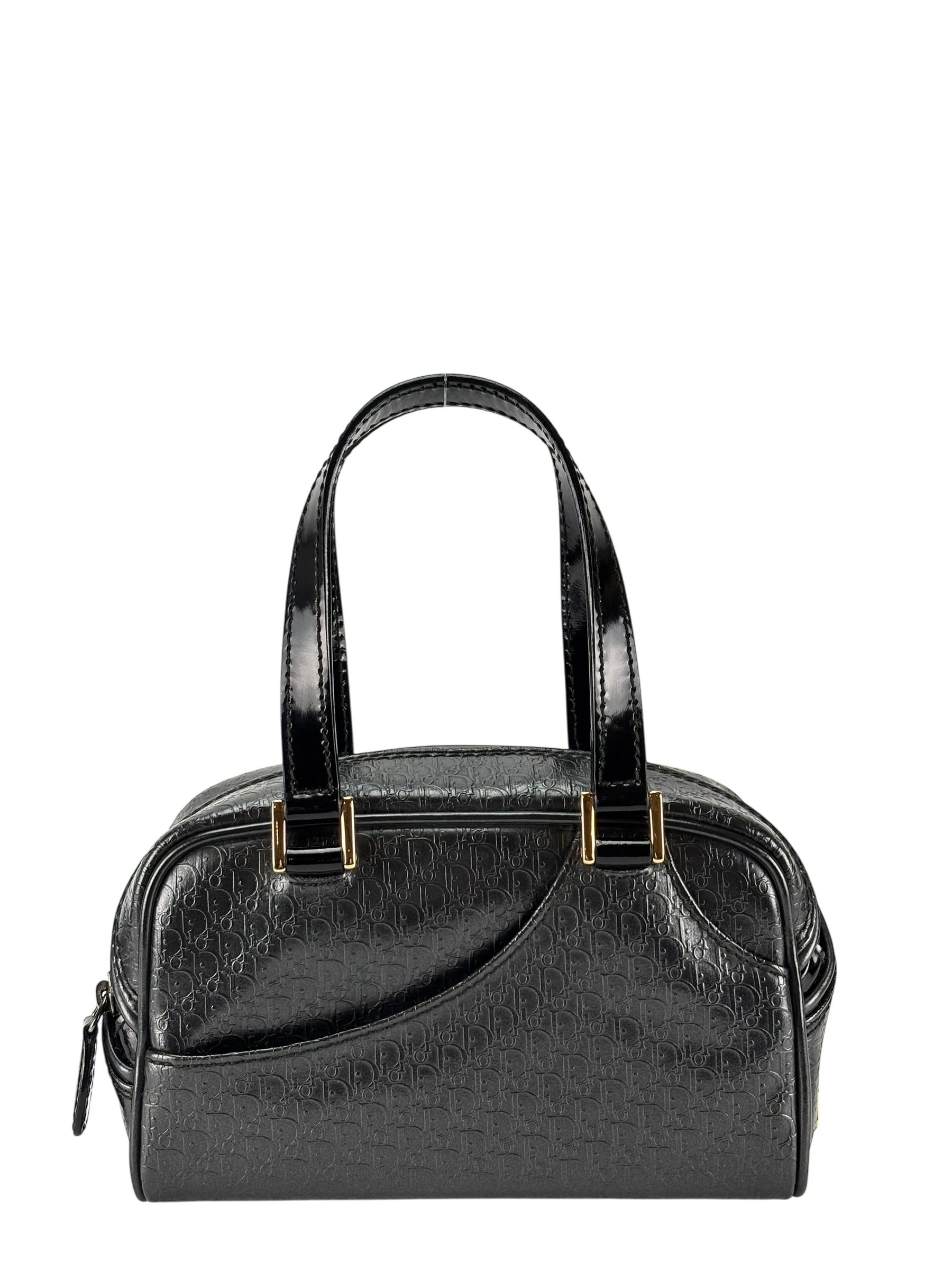 CHRISTIAN DIOR - Black Patent Leather Small Trotteur Embossed Boston Bag