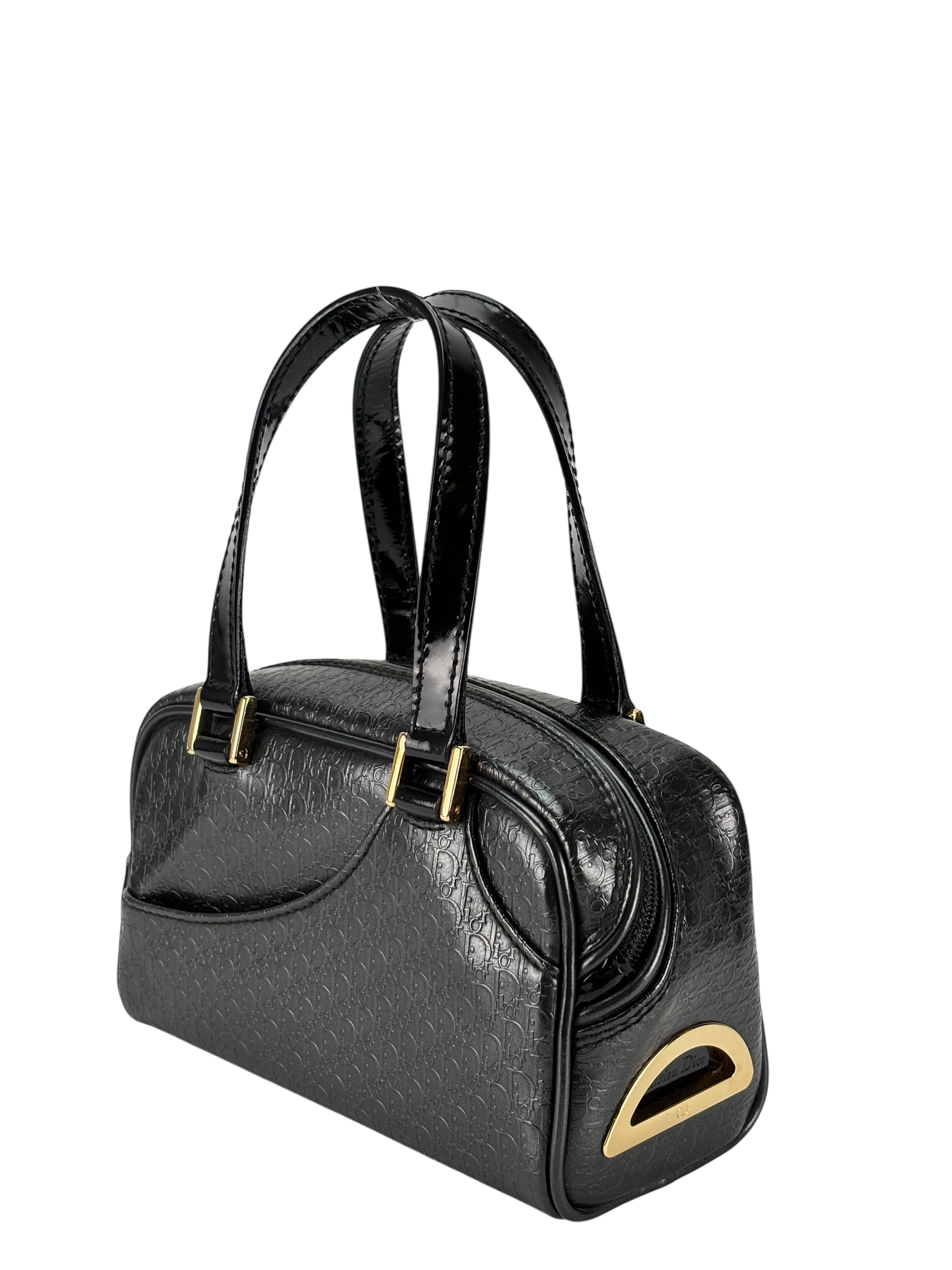 CHRISTIAN DIOR - Black Patent Leather Small Trotteur Embossed Boston Bag