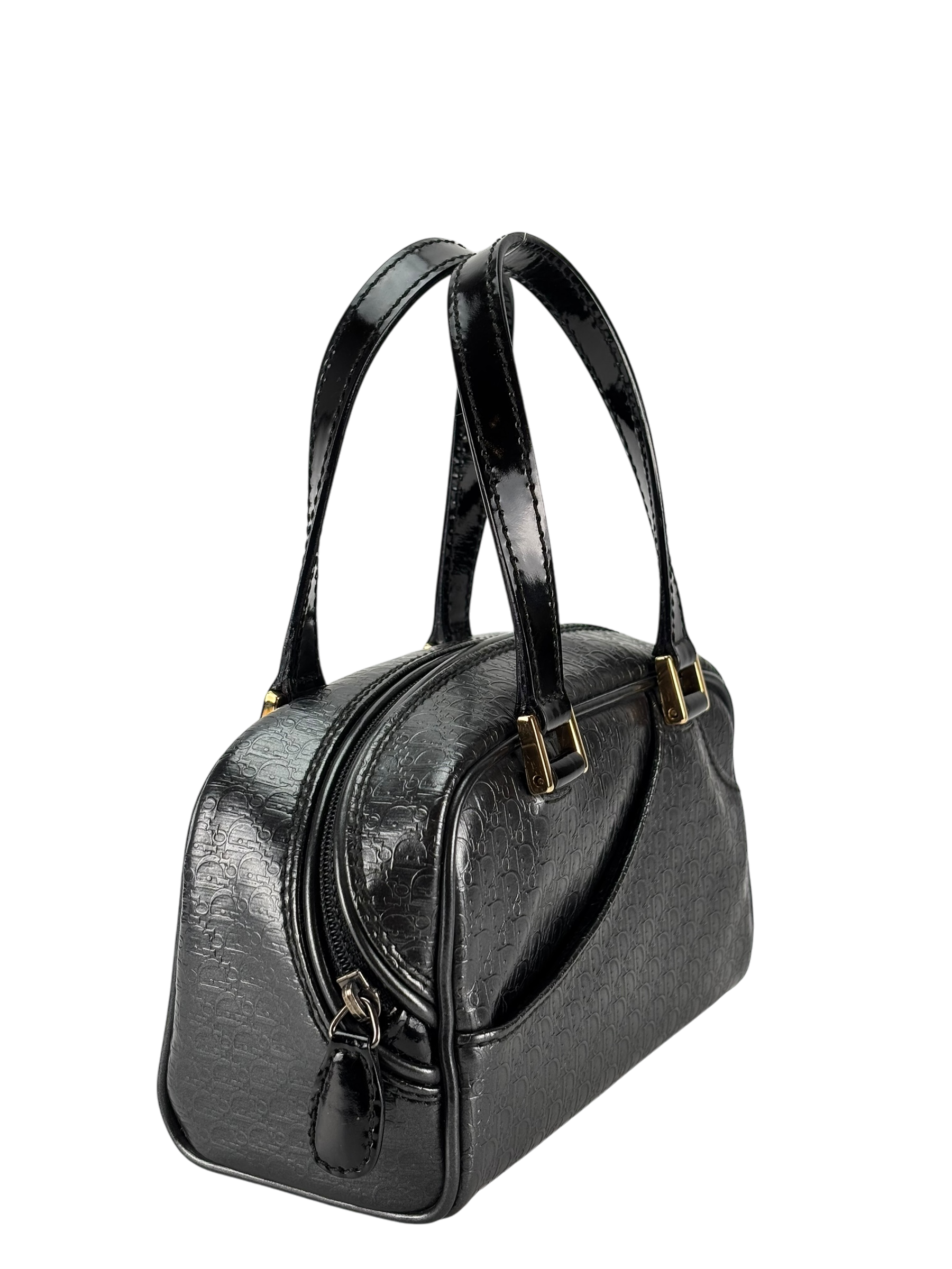 CHRISTIAN DIOR - Black Patent Leather Small Trotteur Embossed Boston Bag
