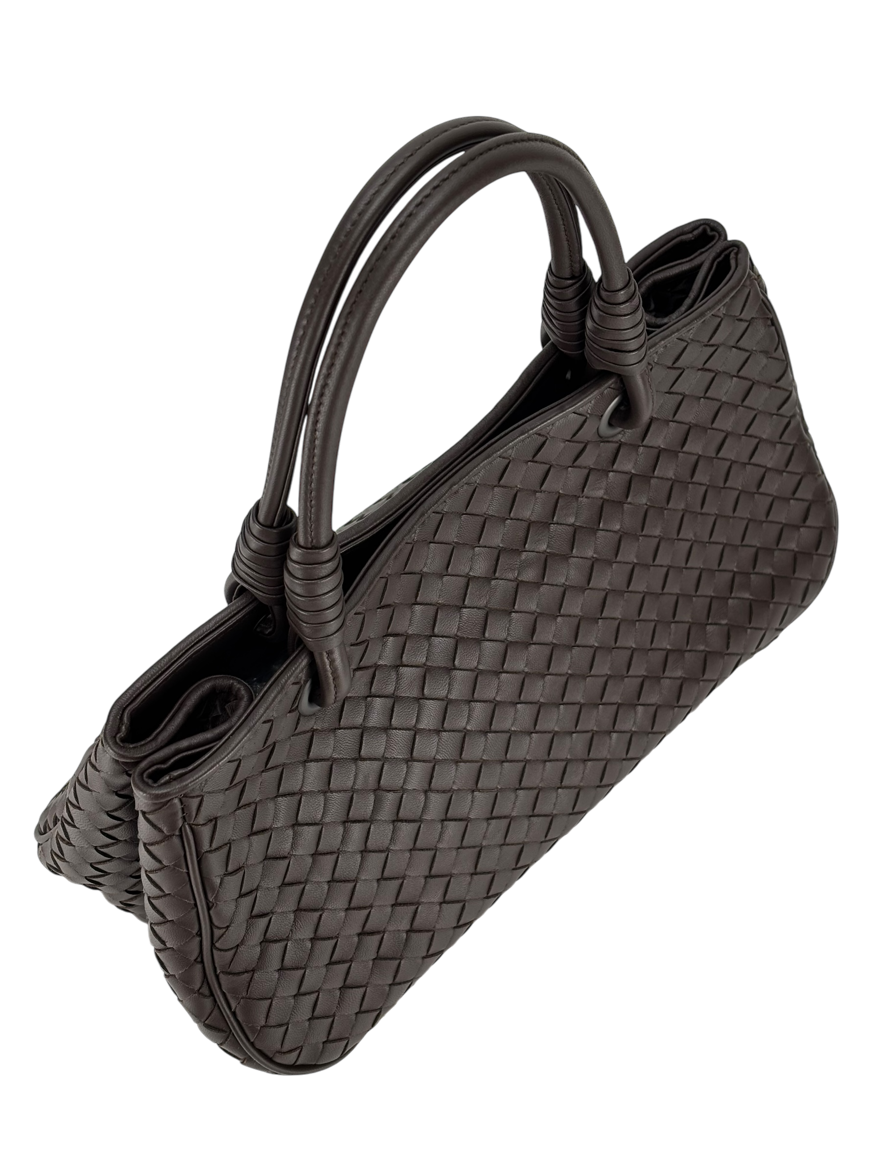 BOTTEGA VENETA - Ebano Dark Brown Lambskin Intrecciato Satchel Handbag Tote Bag 