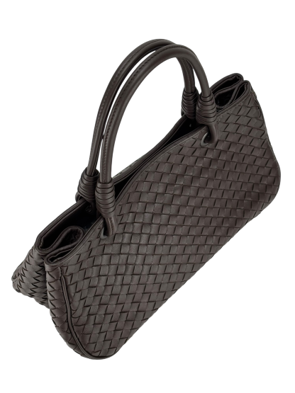 BOTTEGA VENETA - Ebano Dark Brown Lambskin Intrecciato Satchel Handbag Tote Bag 