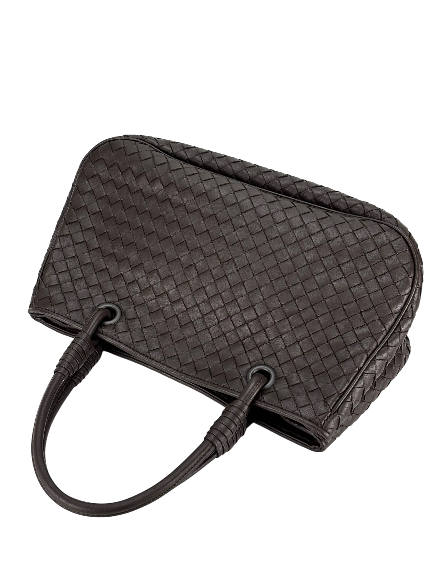 BOTTEGA VENETA - Ebano Dark Brown Lambskin Intrecciato Satchel Handbag Tote Bag 