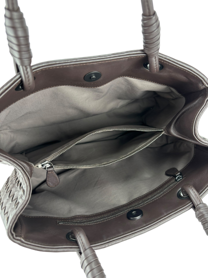 BOTTEGA VENETA - Ebano Dark Brown Lambskin Intrecciato Satchel Handbag Tote Bag 