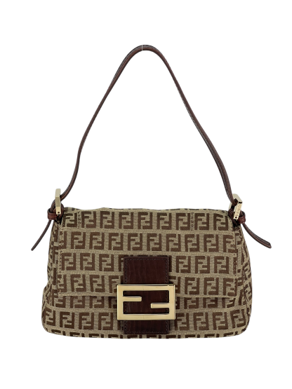 FENDI - Beige Zucca Canvas Leather Shoulder Bag 