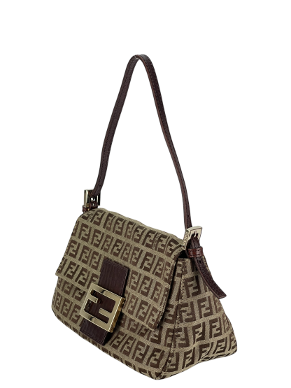 FENDI - Beige Zucca Canvas Leather Shoulder Bag 