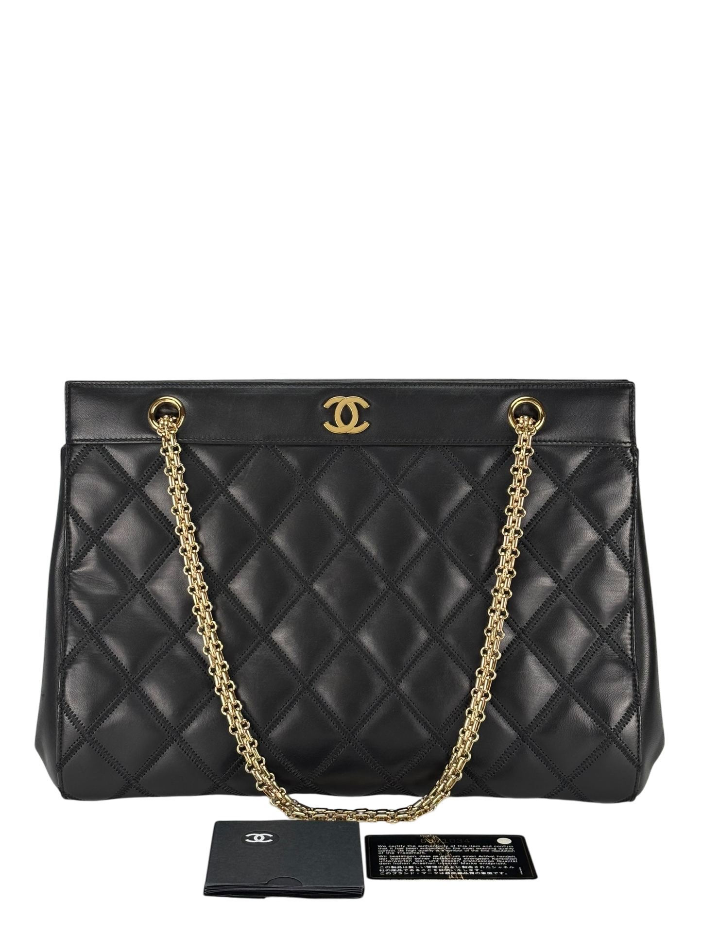 CHANEL - Black Lambskin Coco Mark Plate Chain Tote Bag