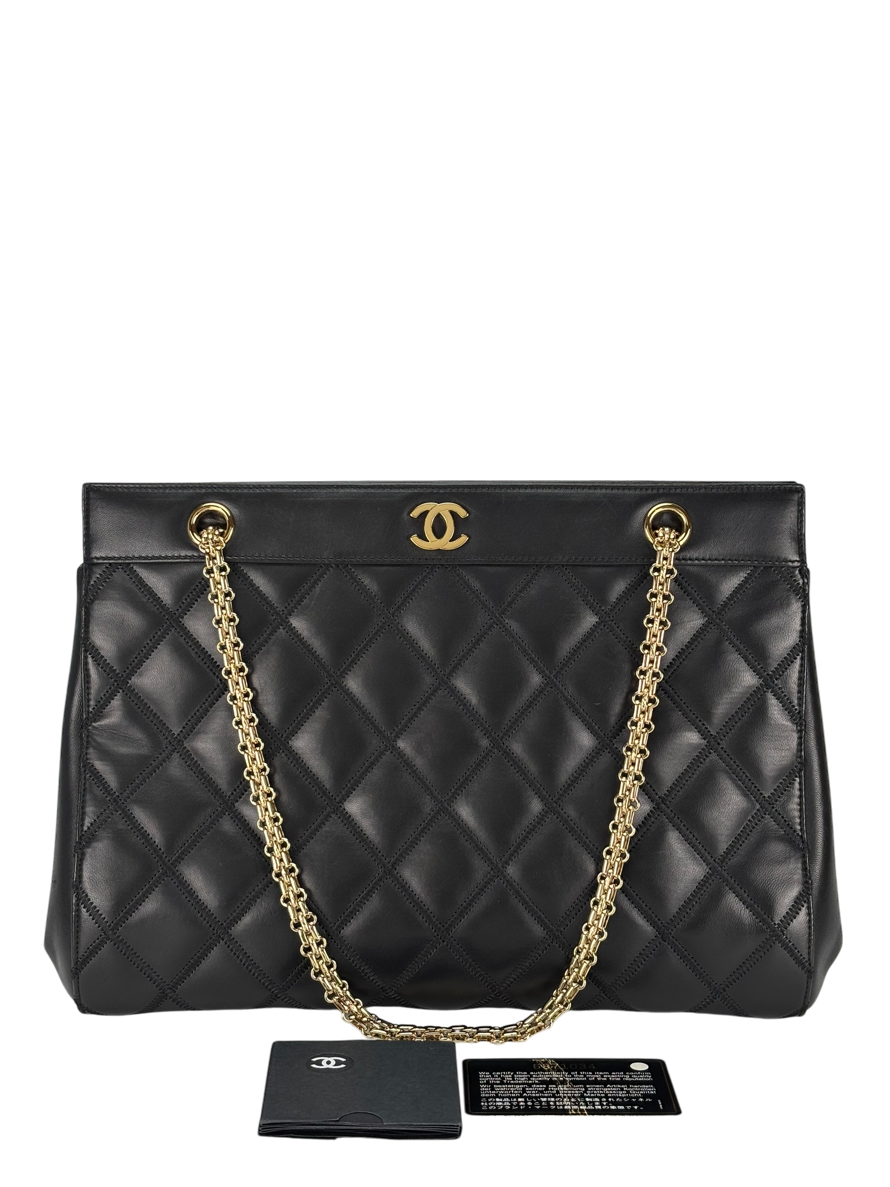 CHANEL - Black Lambskin Coco Mark Plate Chain Tote Bag