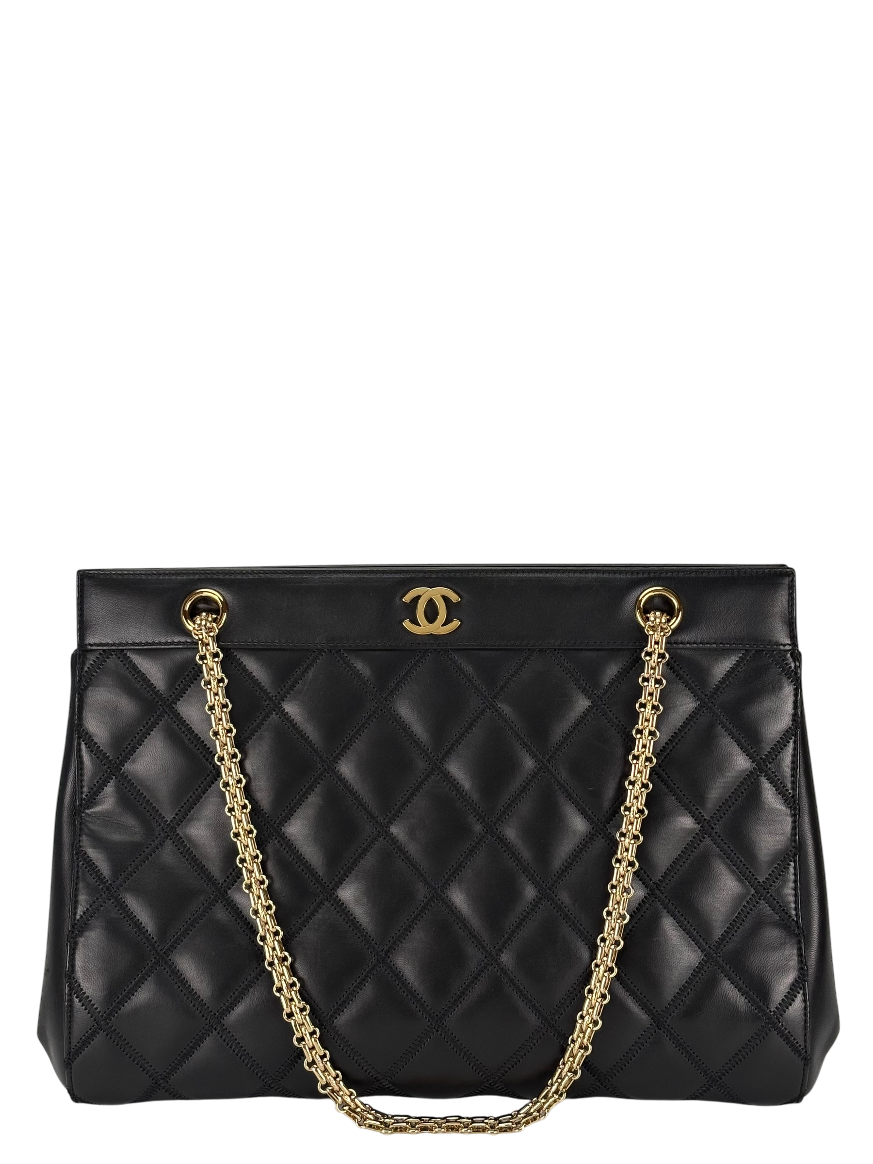 CHANEL - Black Lambskin Coco Mark Plate Chain Tote Bag 