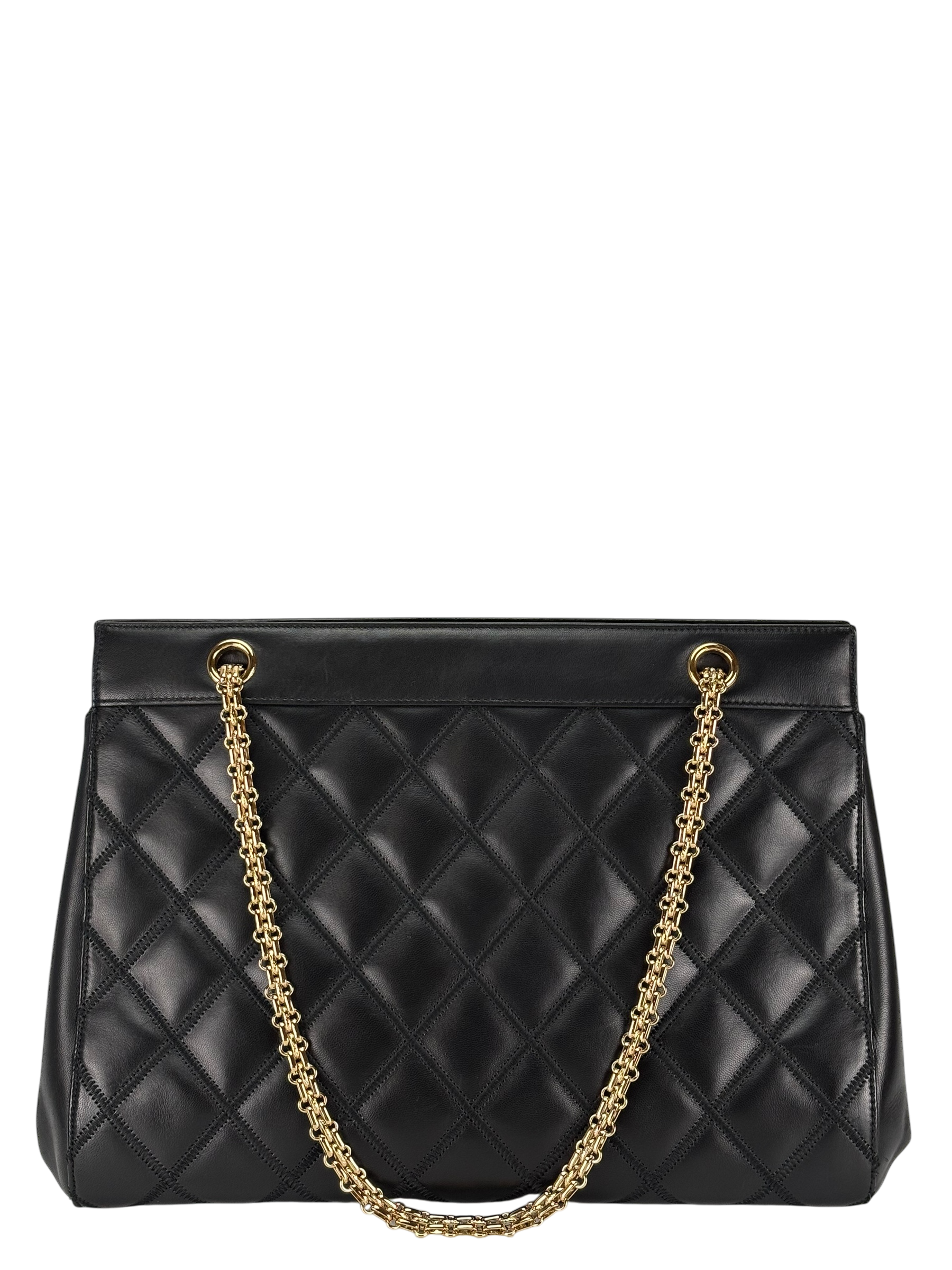 CHANEL - Black Lambskin Coco Mark Plate Chain Tote Bag 