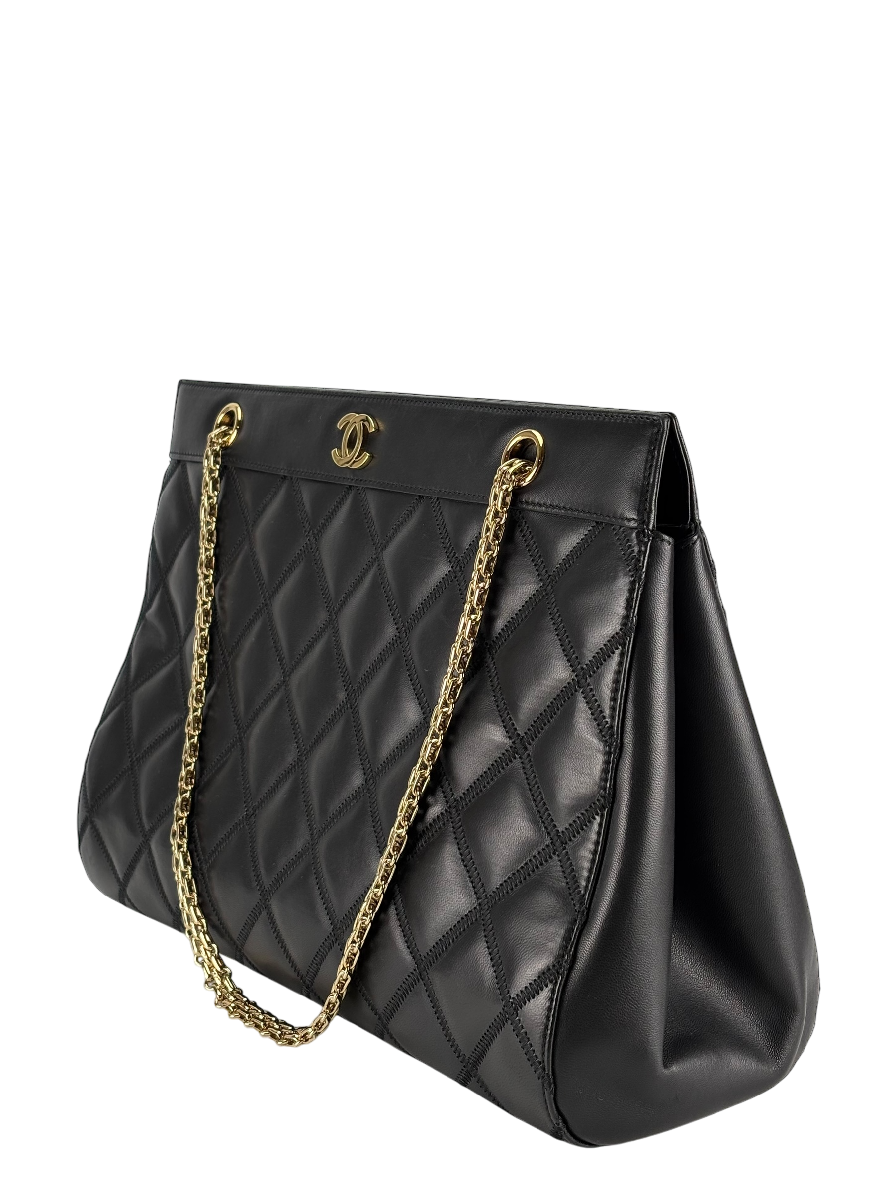 CHANEL - Black Lambskin Coco Mark Plate Chain Tote Bag
