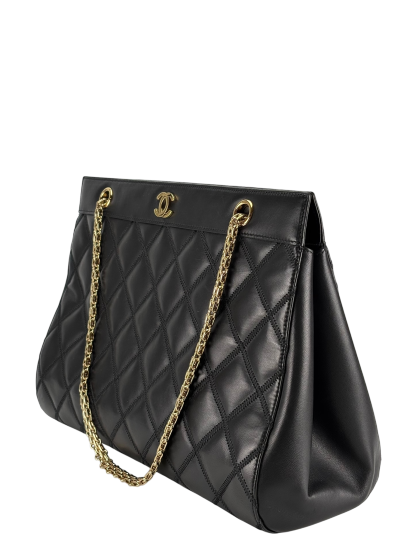 CHANEL - Black Lambskin Coco Mark Plate Chain Tote Bag 