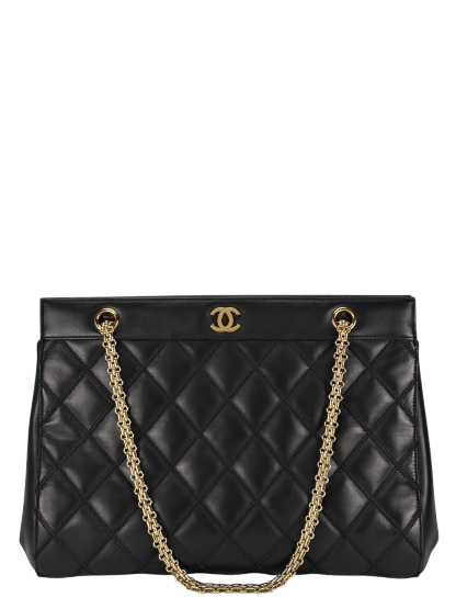 CHANEL - Black Lambskin Coco Mark Plate Chain Tote Bag 