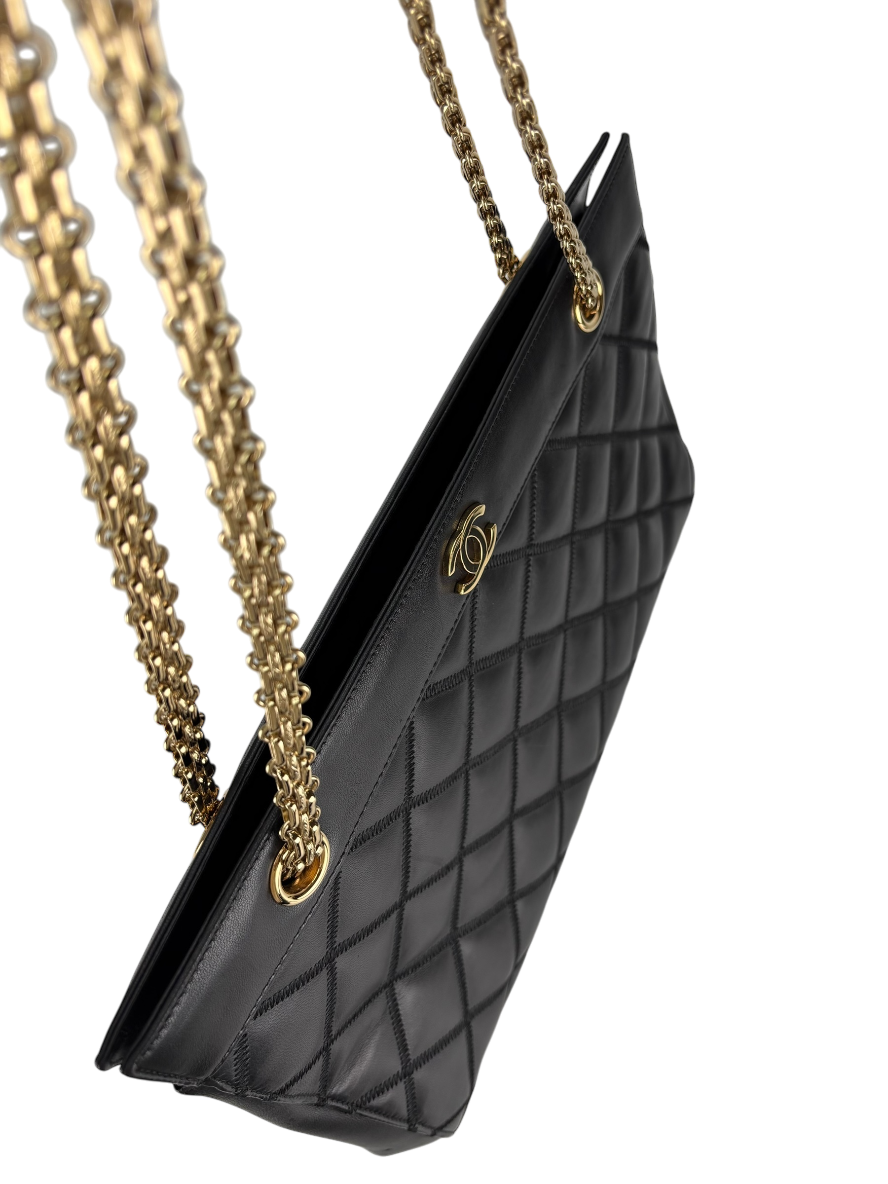 CHANEL - Black Lambskin Coco Mark Plate Chain Tote Bag