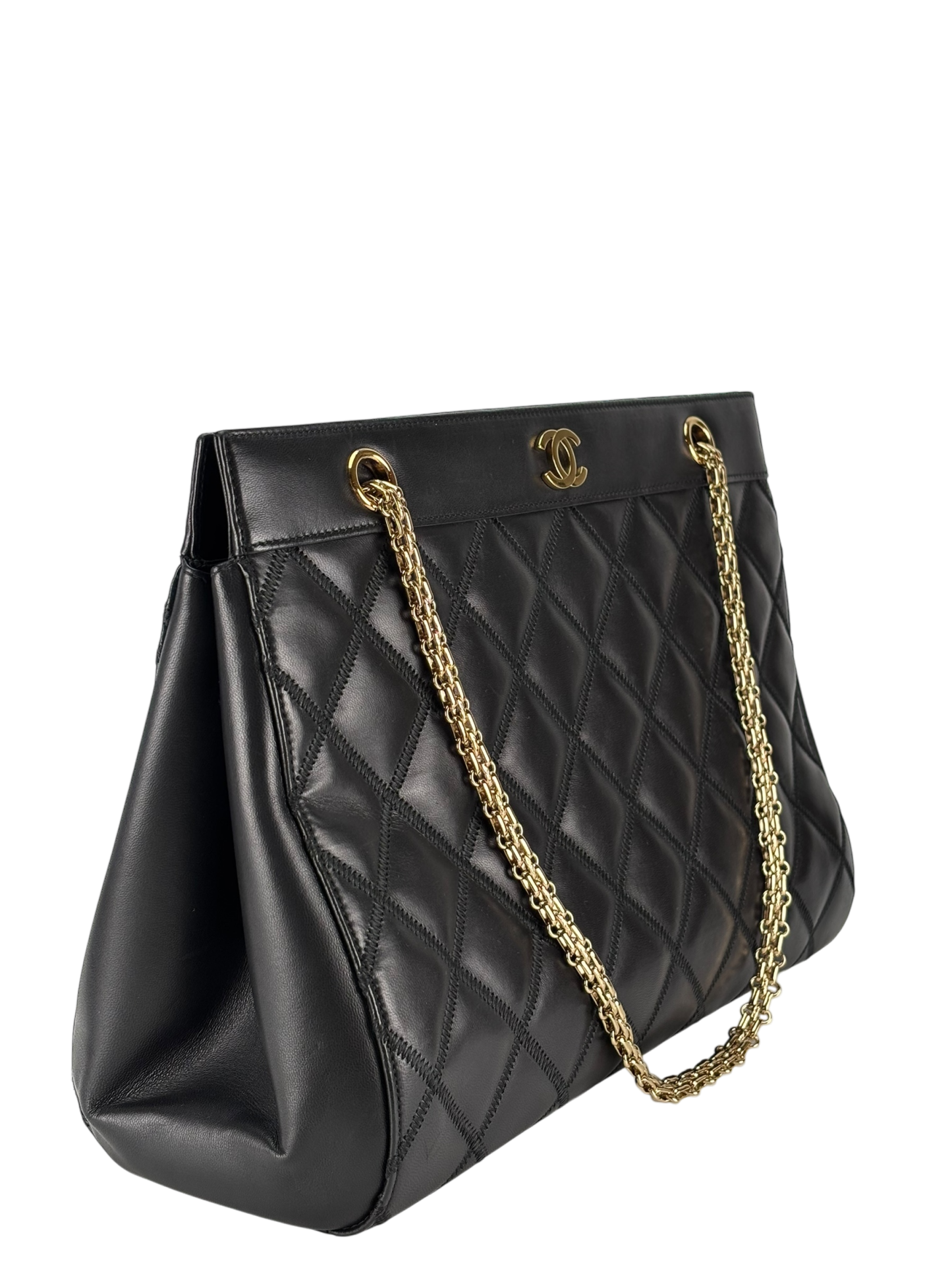 CHANEL - Black Lambskin Coco Mark Plate Chain Tote Bag