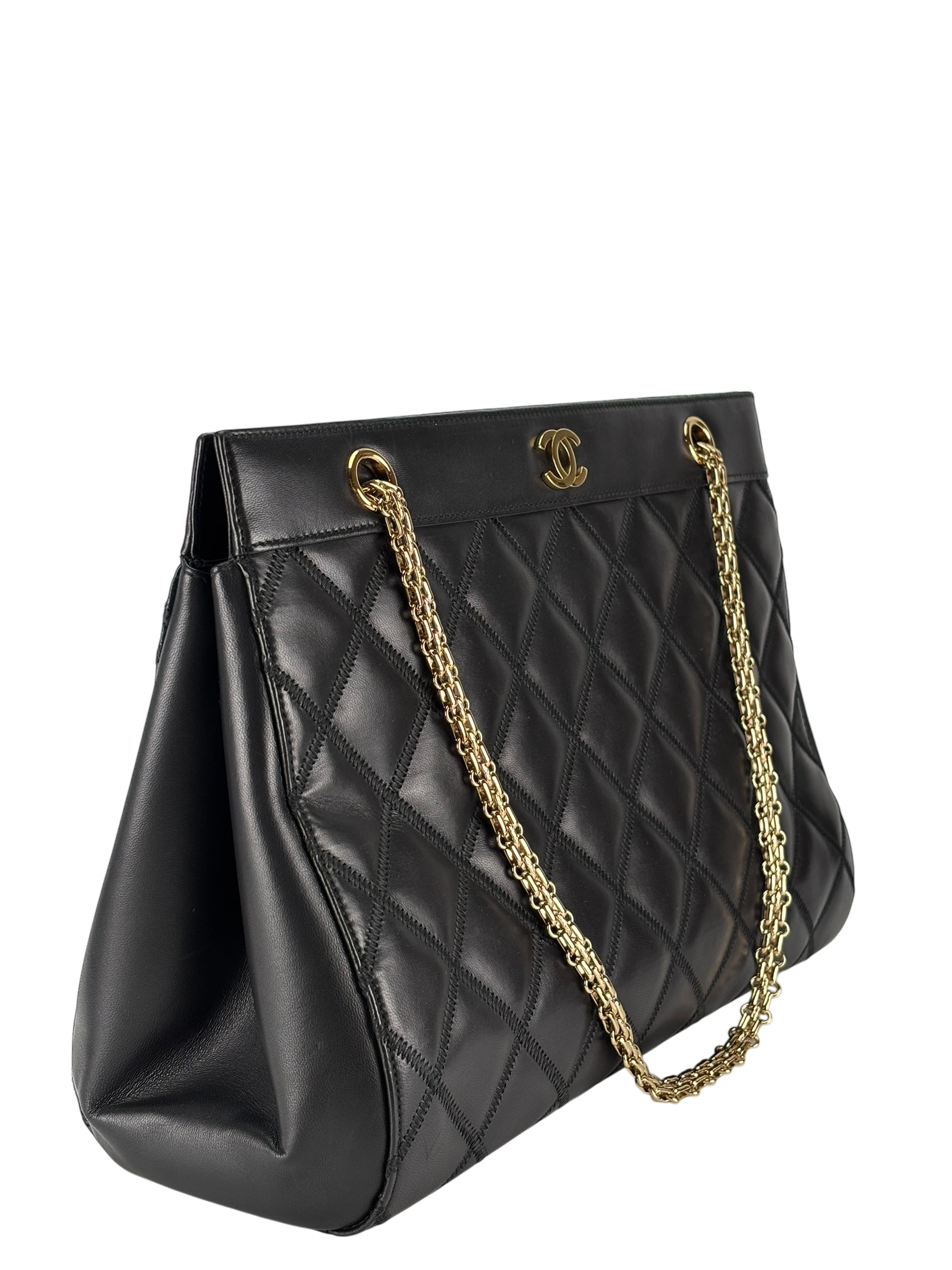 CHANEL - Black Lambskin Coco Mark Plate Chain Tote Bag