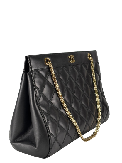 CHANEL - Black Lambskin Coco Mark Plate Chain Tote Bag 