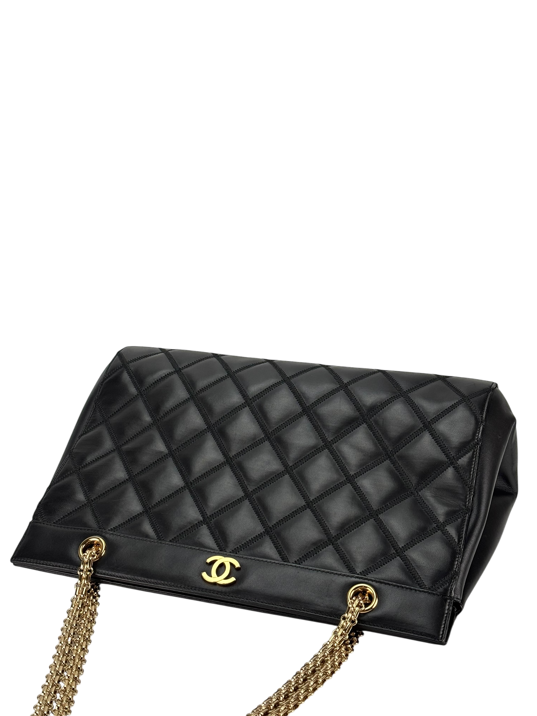 CHANEL - Black Lambskin Coco Mark Plate Chain Tote Bag
