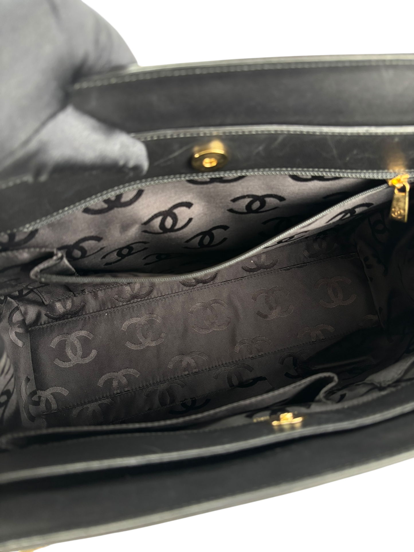 CHANEL - Black Lambskin Coco Mark Plate Chain Tote Bag