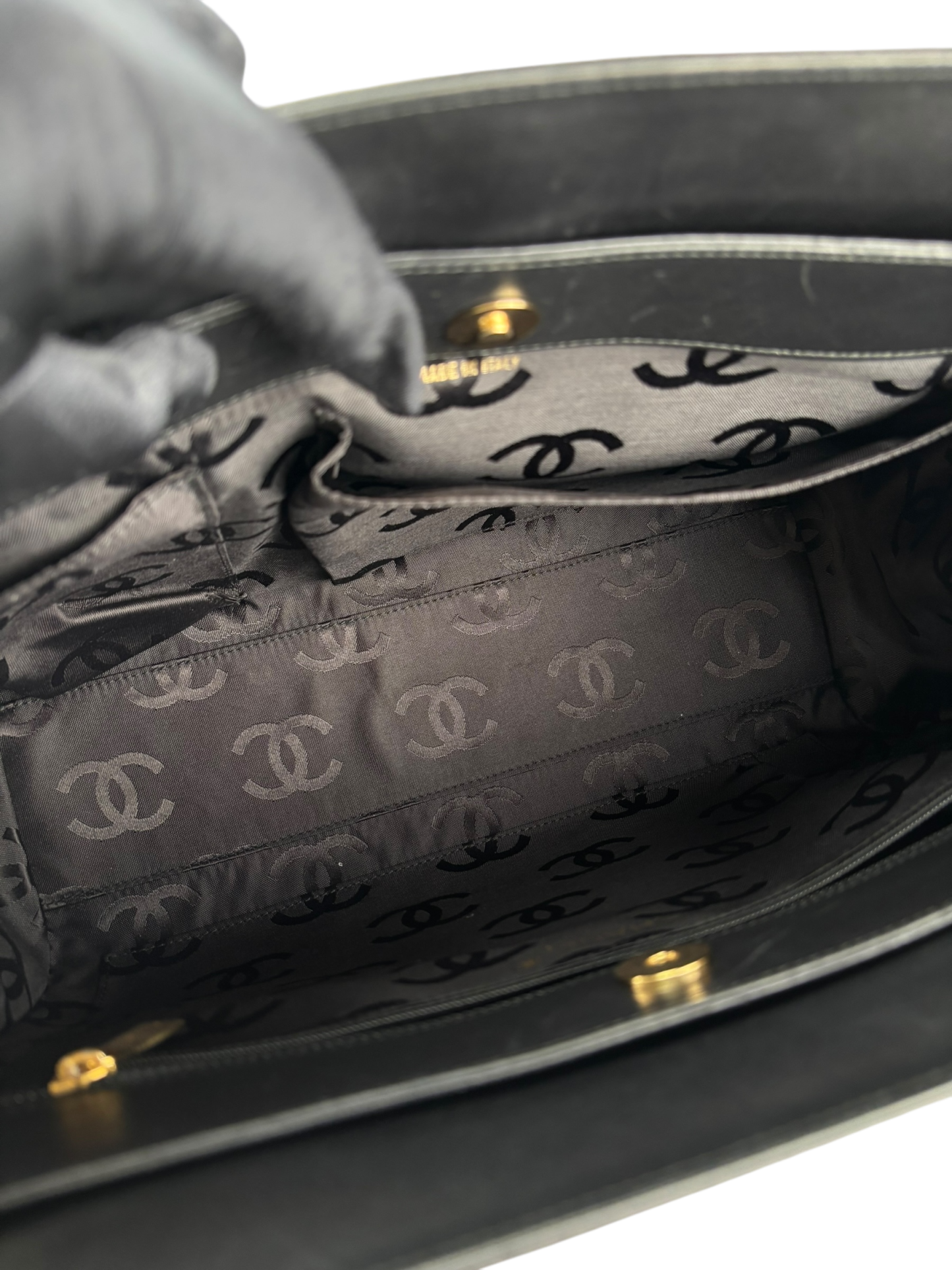 CHANEL - Black Lambskin Coco Mark Plate Chain Tote Bag