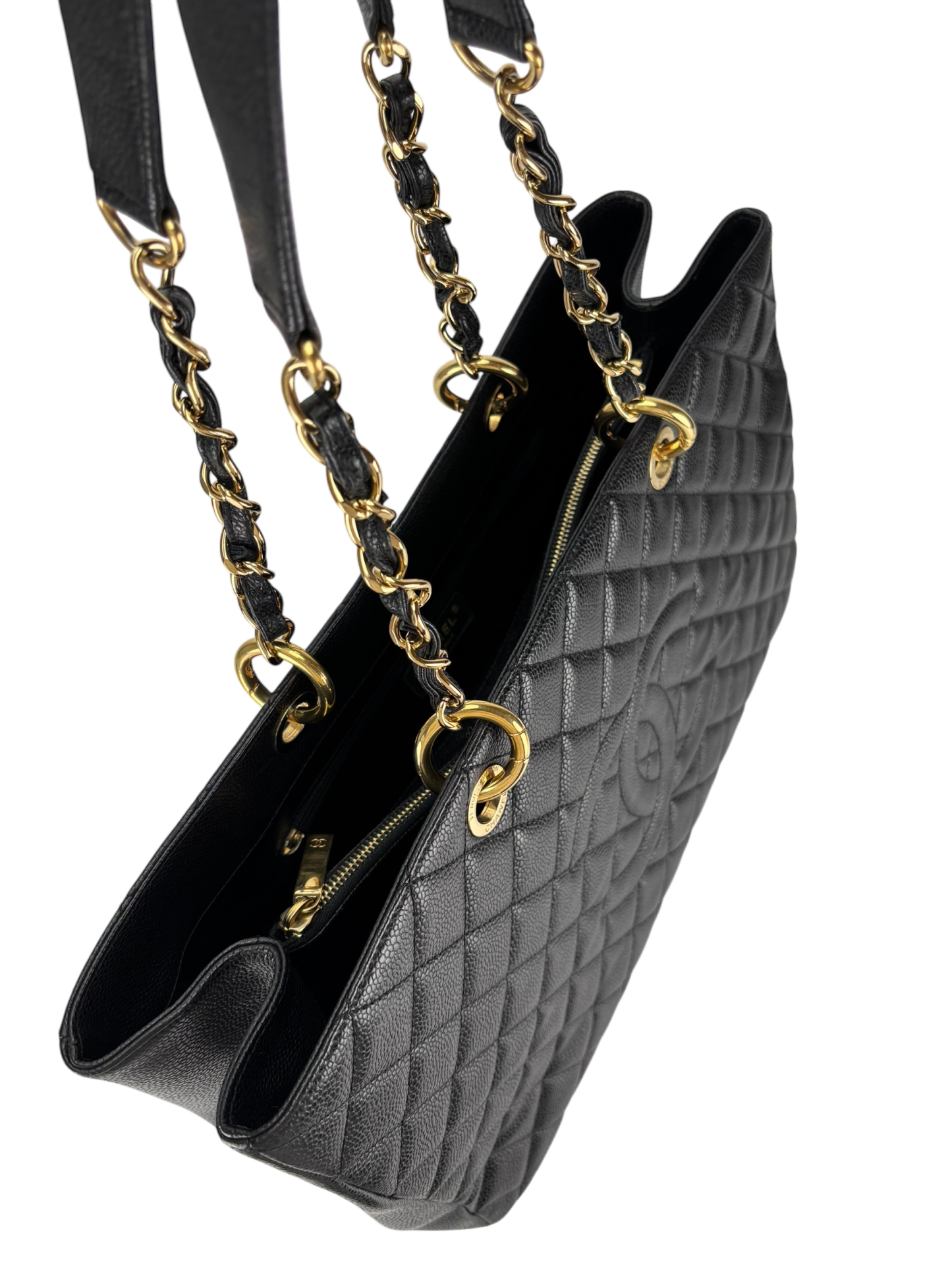 CHANEL - Black Caviar XL Quilted Grand Shopping Tote GST Gold Hardware